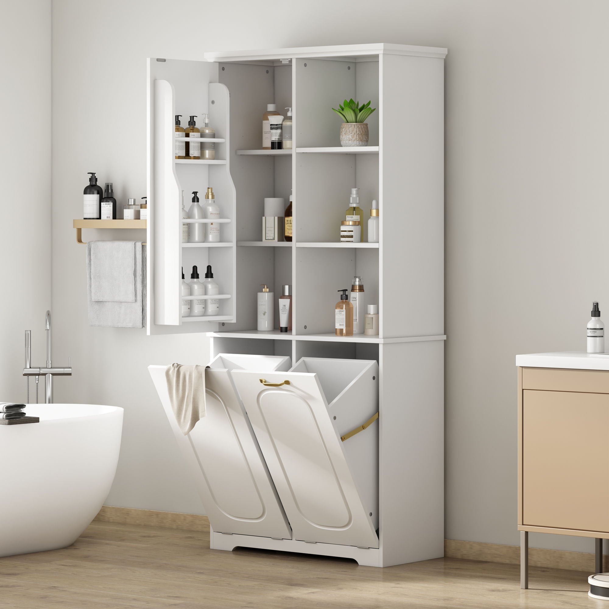 Freestanding Tall Storage Cabinet With 2 Tilt Out Hampers, Adjustable Shelves, Soft Close Door, Door Mounted Organizer - White