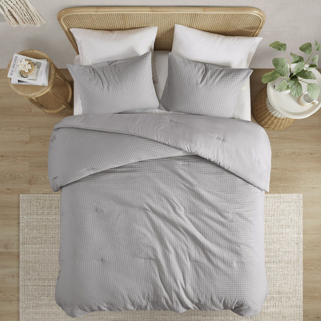 Mina - Twin/Twin Long Waffle Weave Textured Duvet Cover Set - Light Gray