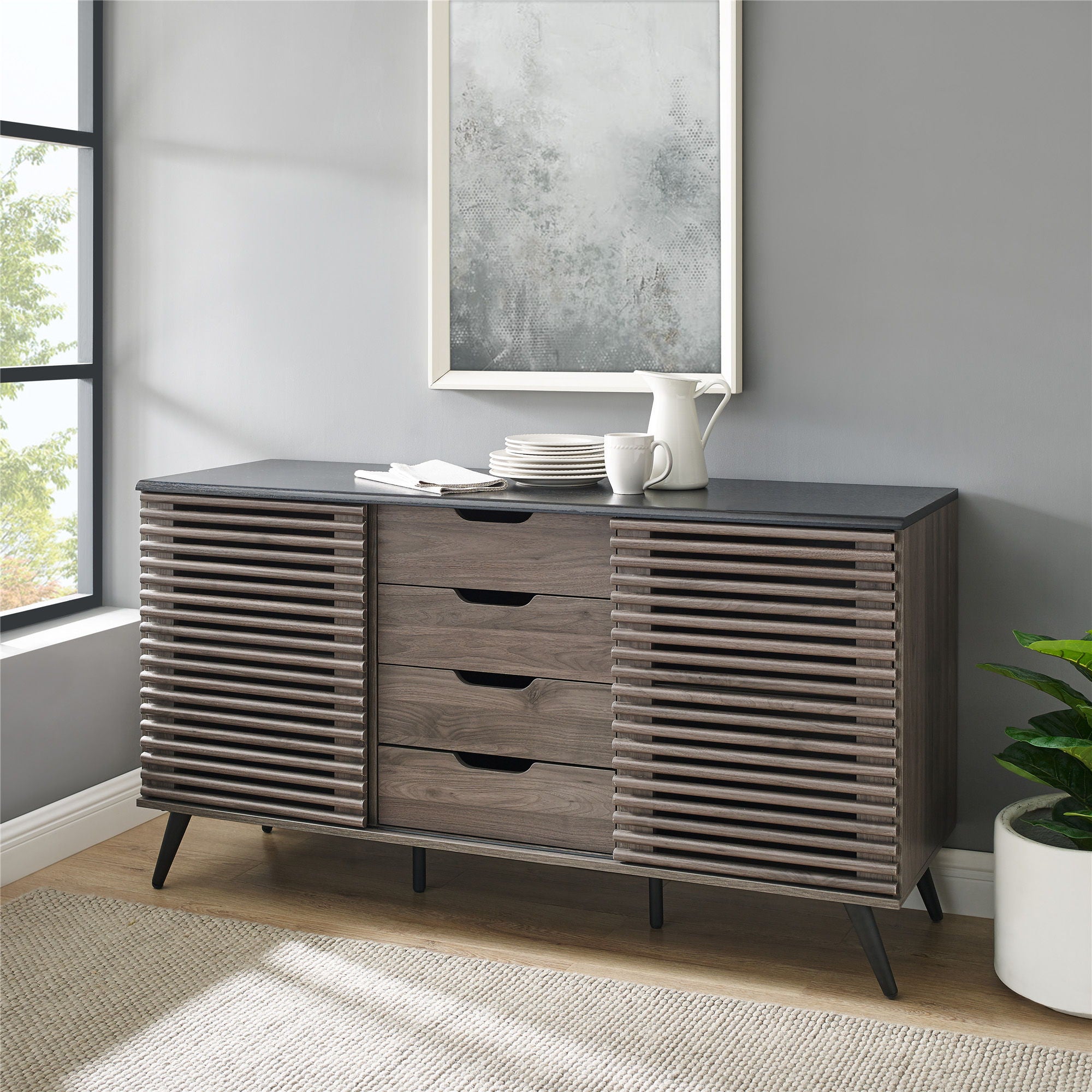 Contemporary Sliding Slat Door Sideboard - Ebony / Slate Gray