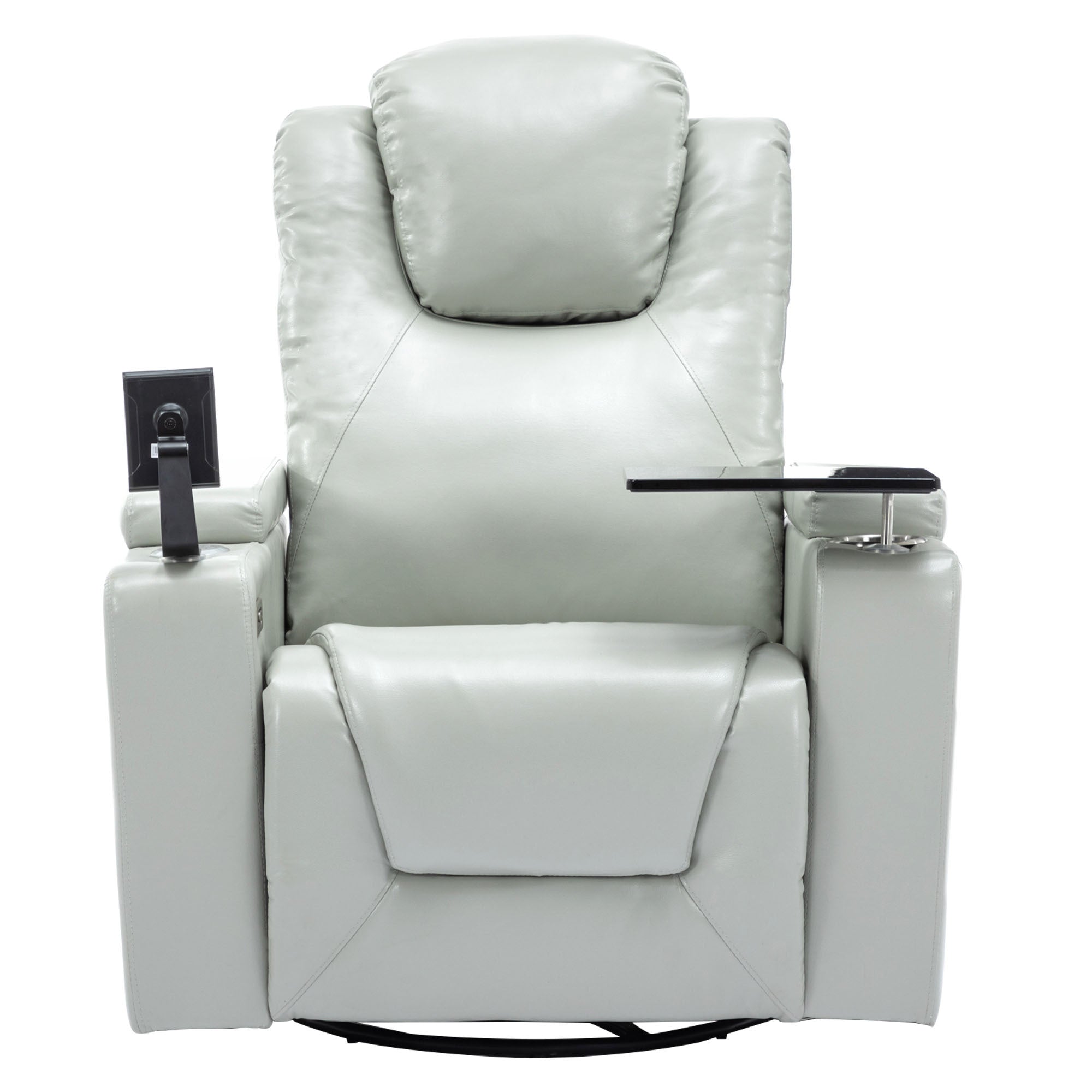 270 Degree Swivel PU Leather Power Recliner Individual Seat Home Theater Recliner with Surround Sound, Cup Holder, Removable Tray Table, Hidden Arm Storage for Living Room, Grey