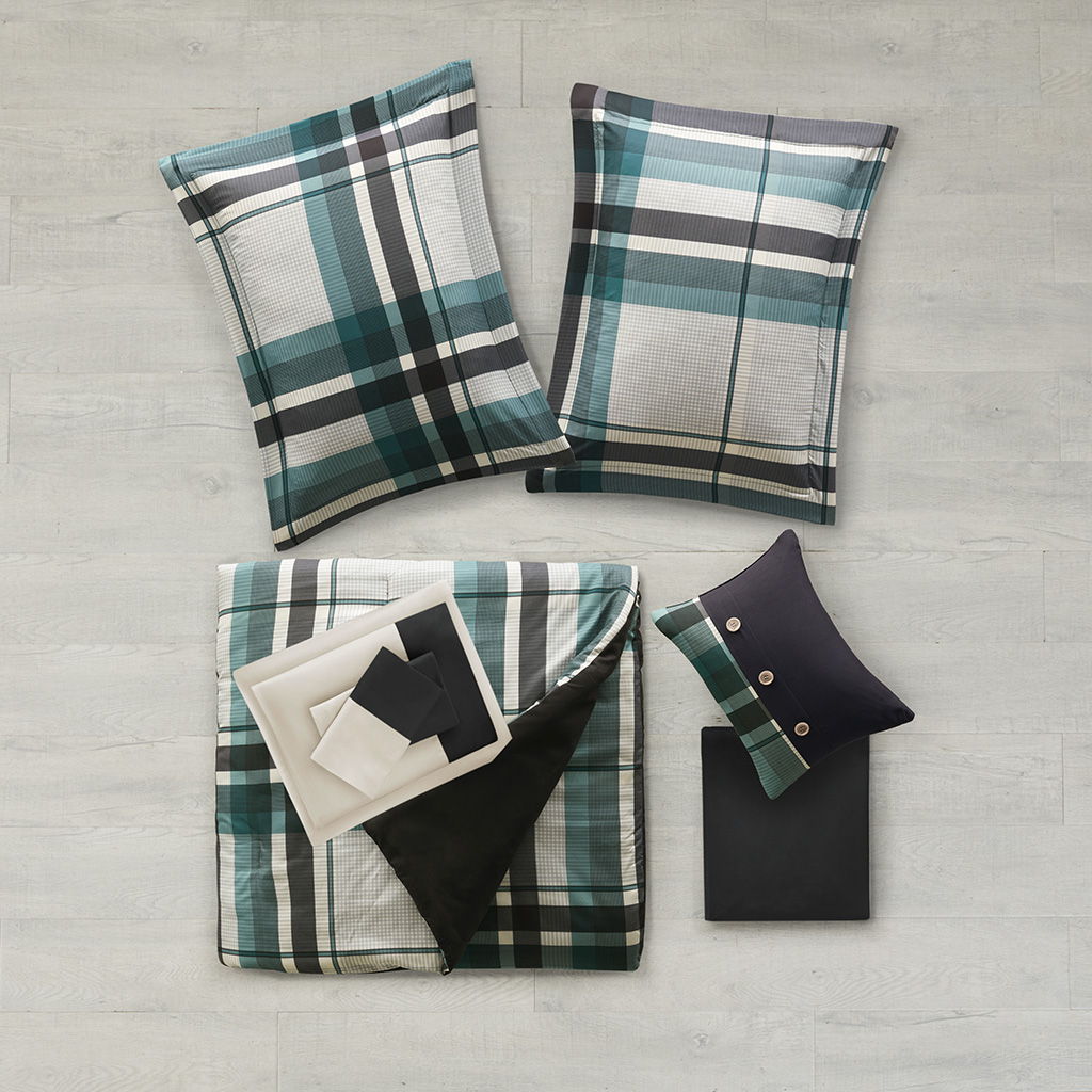Robbie - 9 Piece Full Plaid Comforter Set With Bed Sheets - Teal / Black