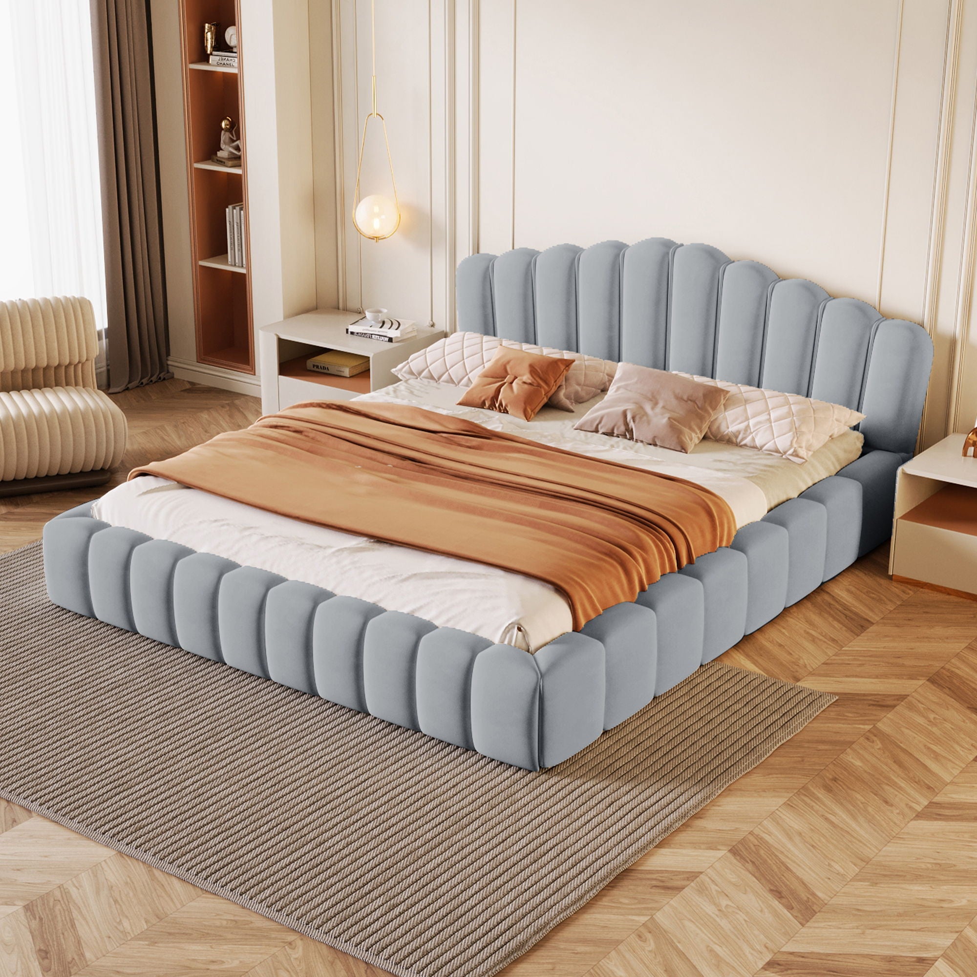 Floor Bed Frame Shell Shaped Headboard For Bedroom, No Box Spring Needed