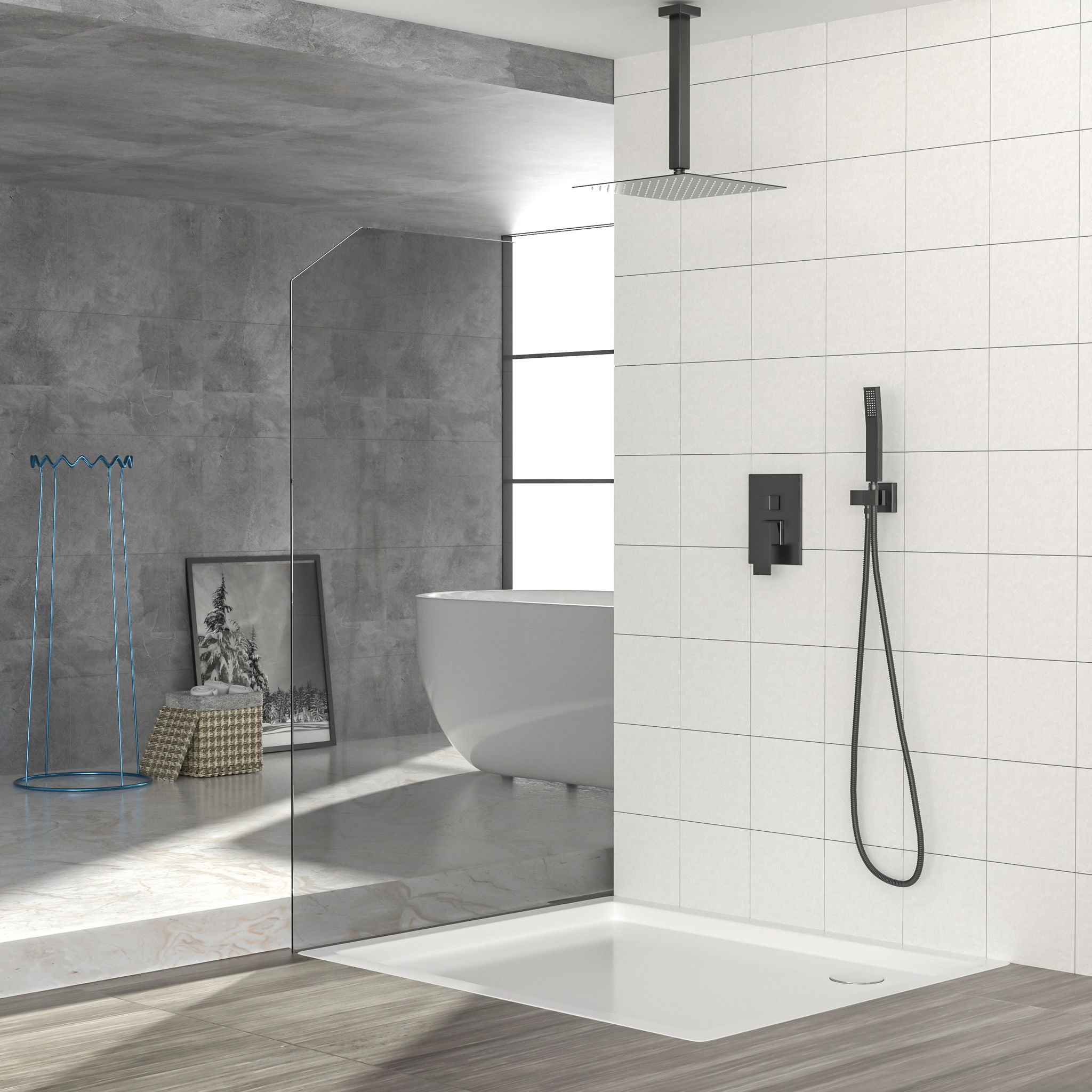 Dual Shower Head 10" Ceiling Mount Square Shower System With Rough In Valve - Matte Black