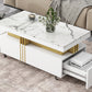 Contemporary Coffee Table with Faux Marble Top, Rectangle Cocktail Table with Caster Wheels, Moderate Luxury Center Table with Gold Metal Bars for Living Room, White