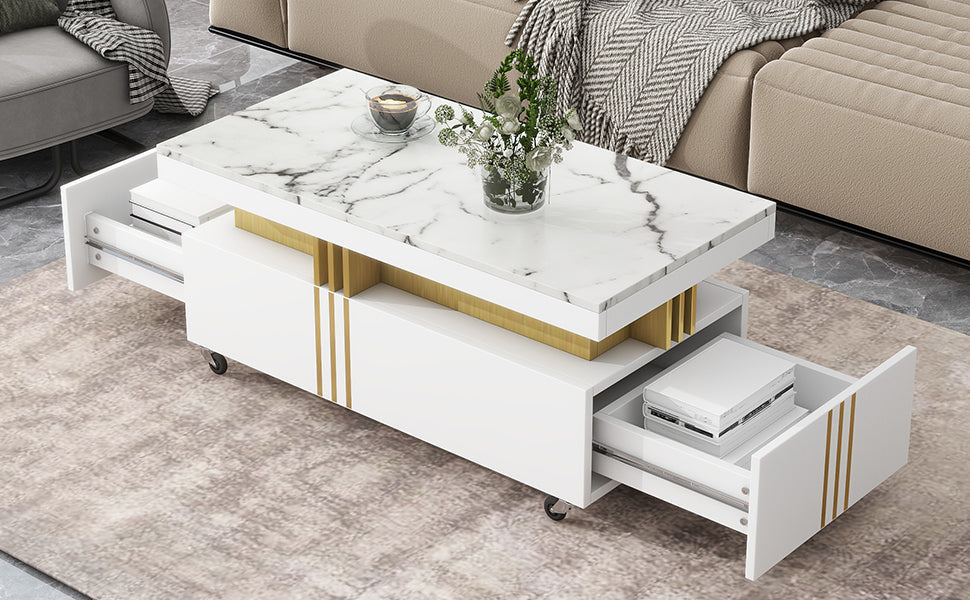 Contemporary Coffee Table with Faux Marble Top, Rectangle Cocktail Table with Caster Wheels, Moderate Luxury Center Table with Gold Metal Bars for Living Room, White