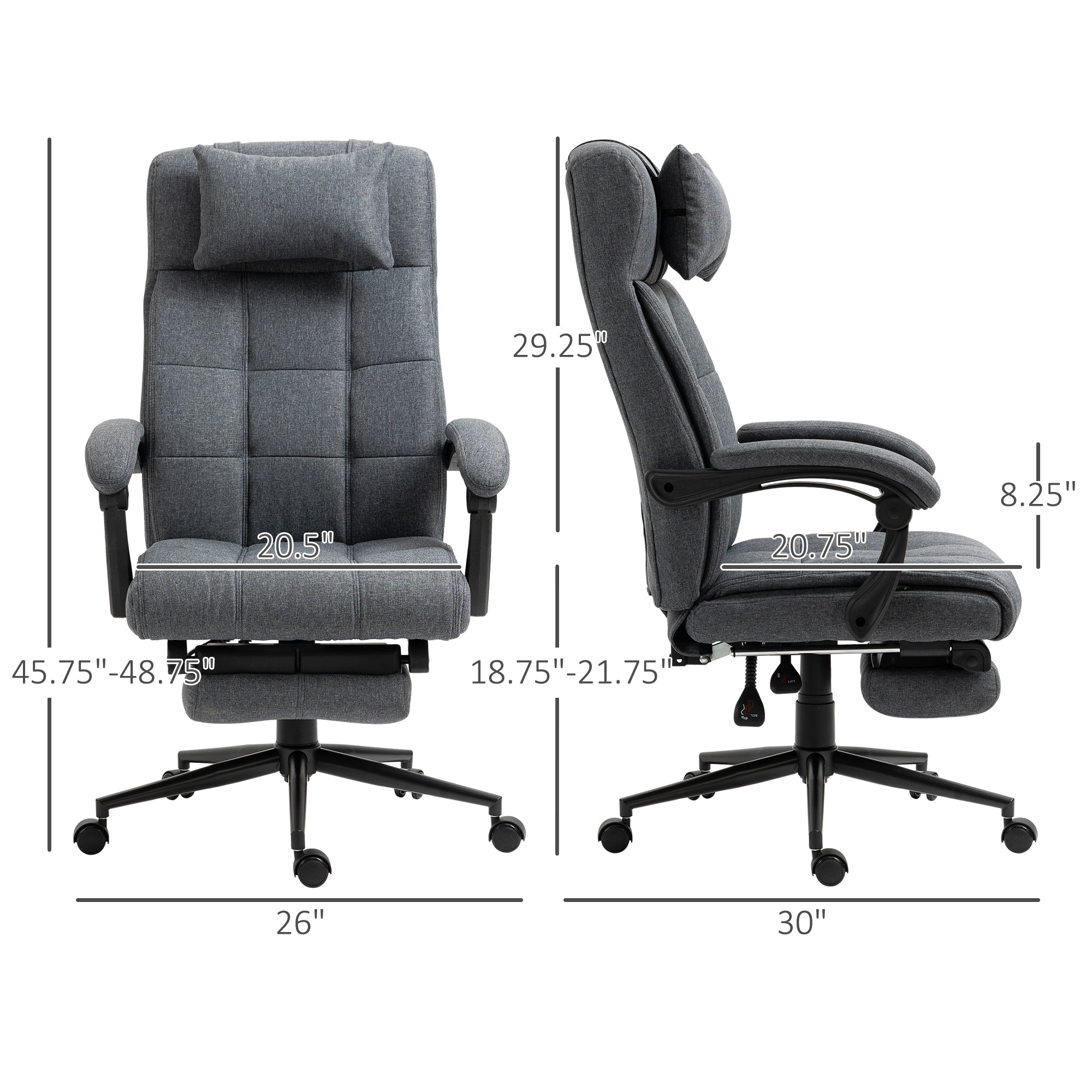 Executive Linen-Feel Fabric Office Chair High Back Swivel Task Chair with Adjustable Height Upholstered Retractable Footrest, Headrest and Padded Armrest, Dark Grey