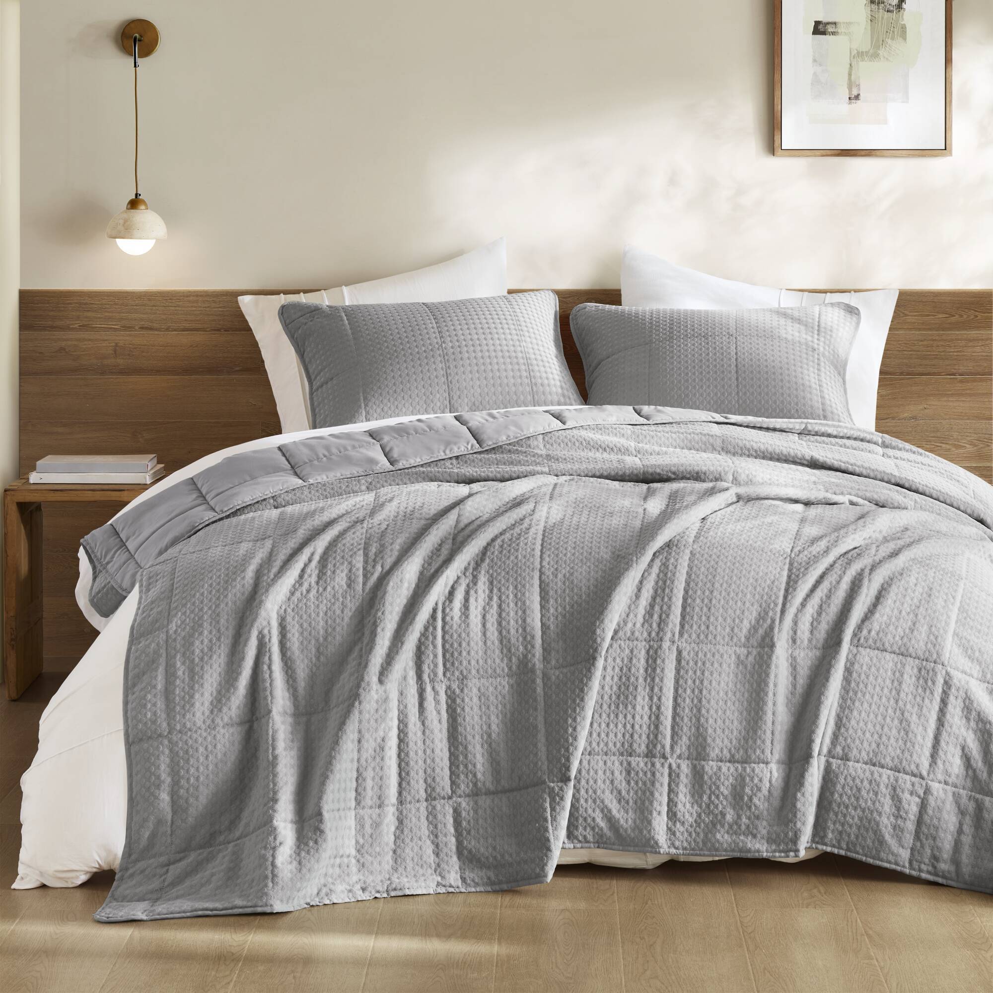 Mina - Full/Queen Waffle Weave Textured Quilt Set - Gray