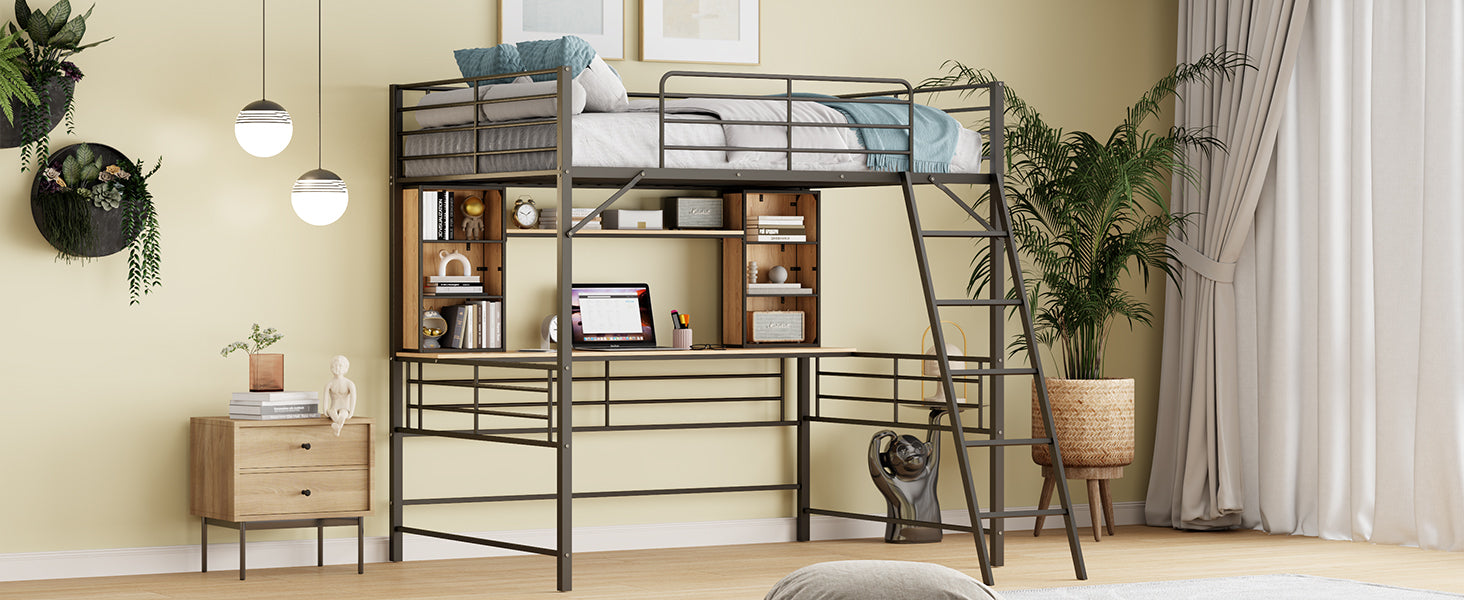 Full Size Loft Bed with Desk and Shelf , Loft Bed with Ladder,Full,Black