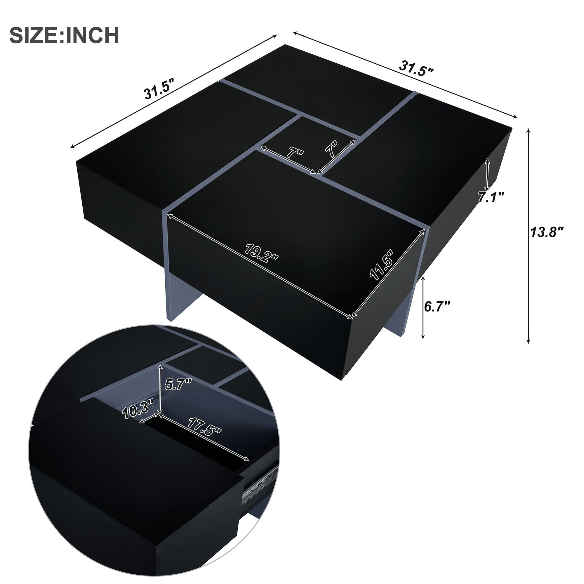 Unique Design Coffee Table with 4 Hidden Storage Compartments, Square Cocktail Table with Extendable Sliding Tabletop, UV High-gloss Design Center Table for Living Room, 31.5"x 31.5"