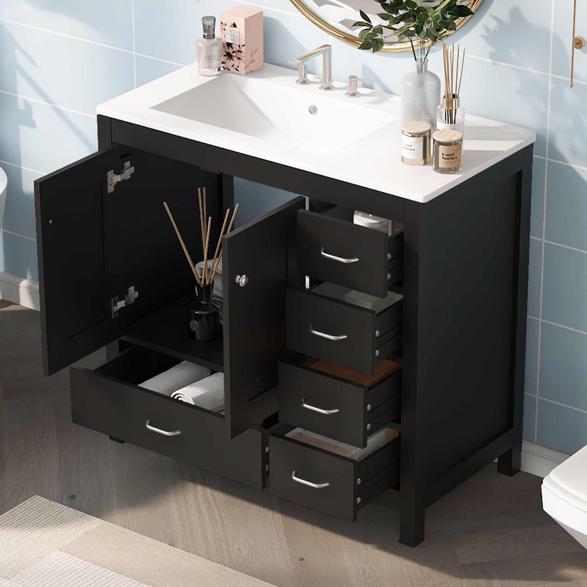 Bathroom Vanity With Ceramic Sink Combo, Abundant Storage Cabinet -2 Soft-Close Doors And 5 Drawers