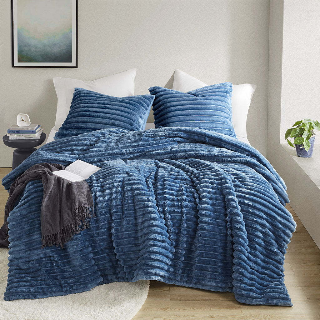 Avril - Twin/Twin Long Fluffy Ribbed Plush Comforter Set - Blue