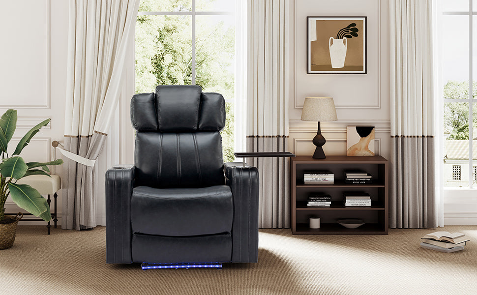 PU Leather Power Recliner Individual Seat Home Theater Recliner with Cooling Cup Holder, Bluetooth Speaker, LED Lights, USB Ports, Tray Table, Arm Storage for Living Room, Blue