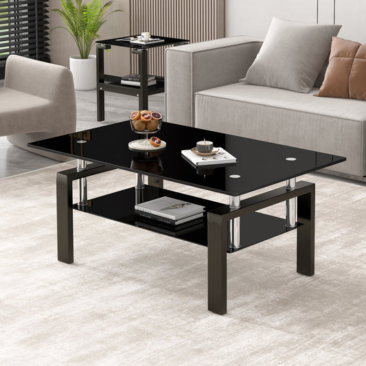 Tempered Black Glass Coffee Table, 2-Layers Tea Table