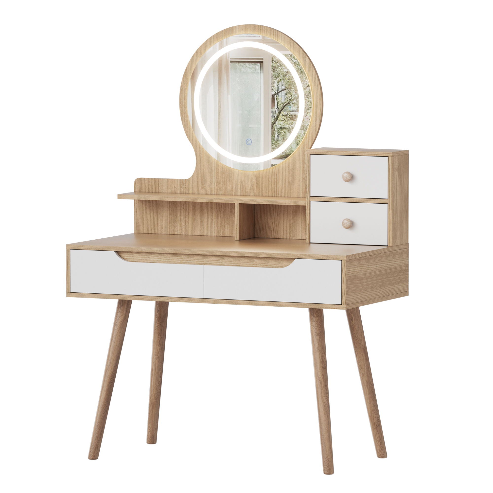 Elegant Makeup Vanity Desk With Adjustable Lighted Mirror Table Feet - American White Oak