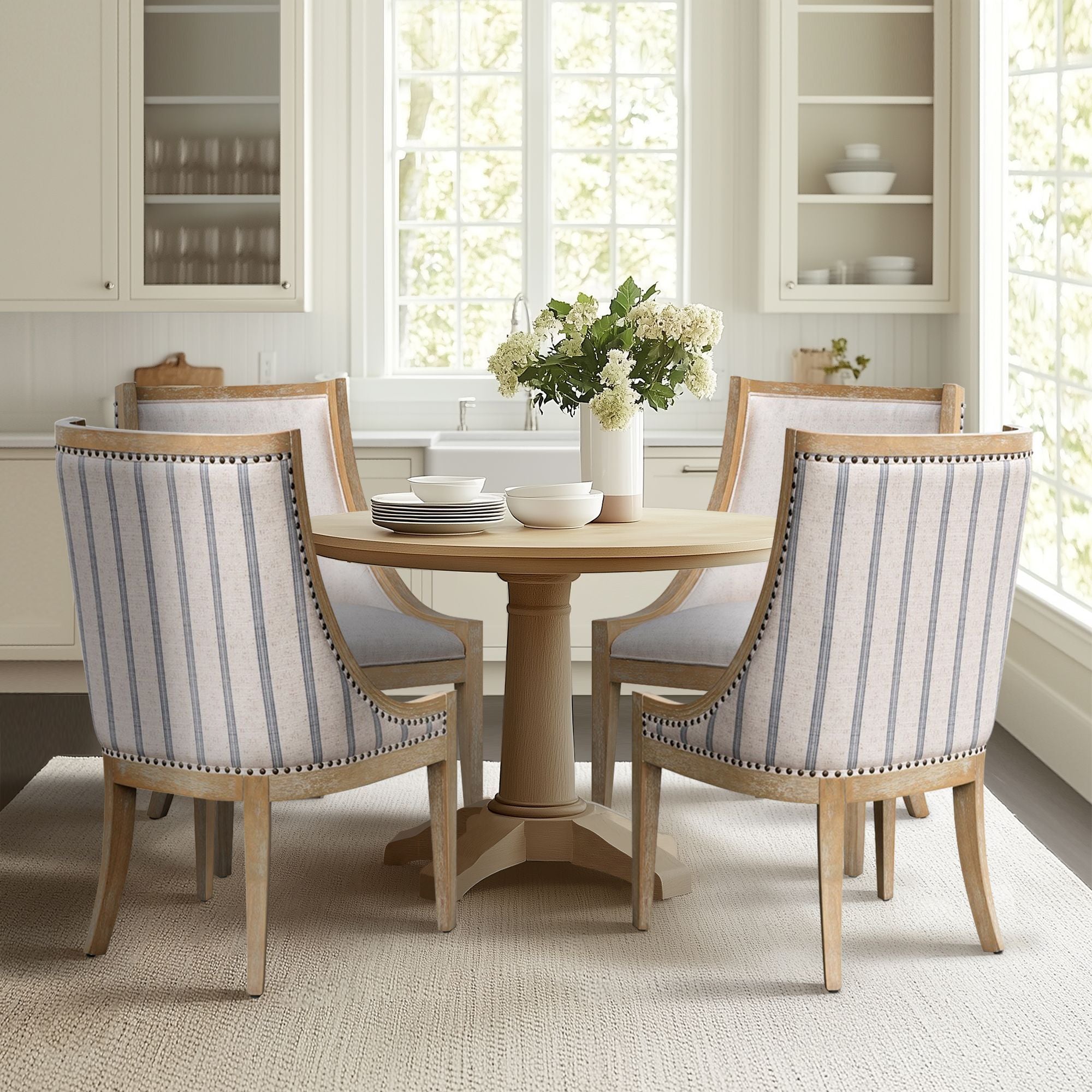 Elmcrest - Upholstered Dining Chair With Nailhead Trim - Beige Stripe