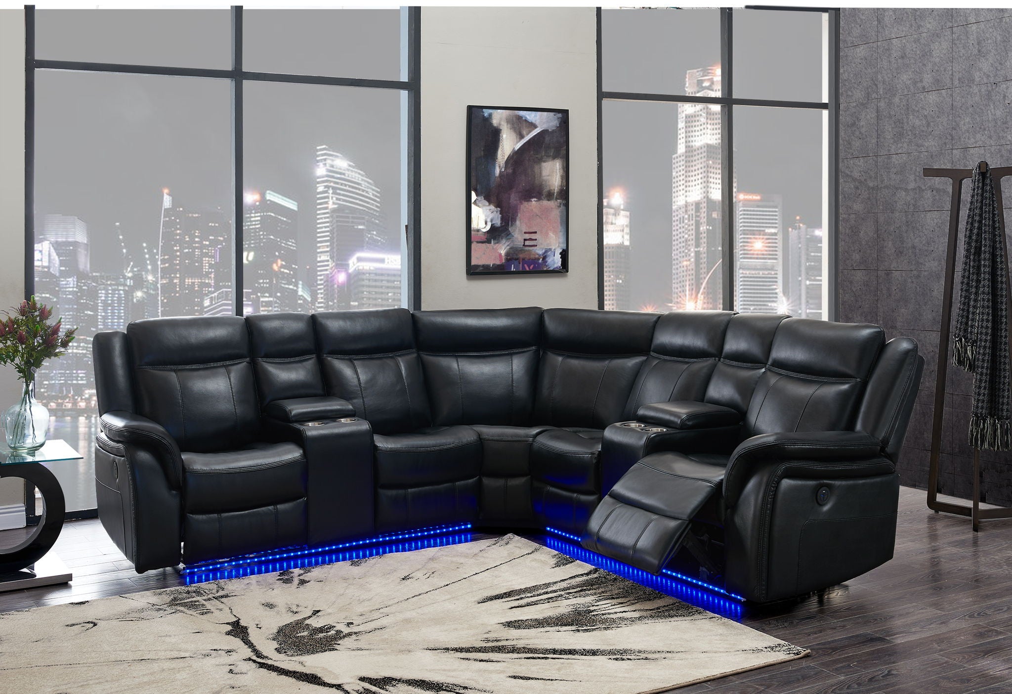 Um02 - Sectional PU RAF Power Console Reclining Loveseat With LED - Black