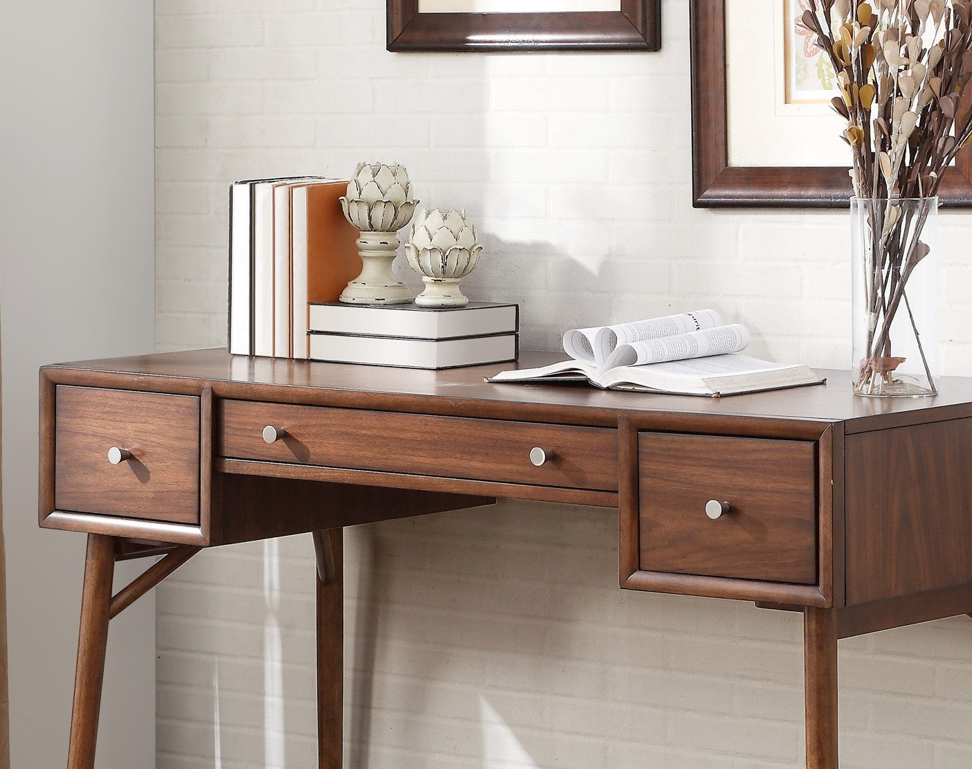 Modern Styling Counter Height Writing Desk Brown Finish Storage Drawers Nickel Knob Hardware Walnut Veneer Wood Furniture