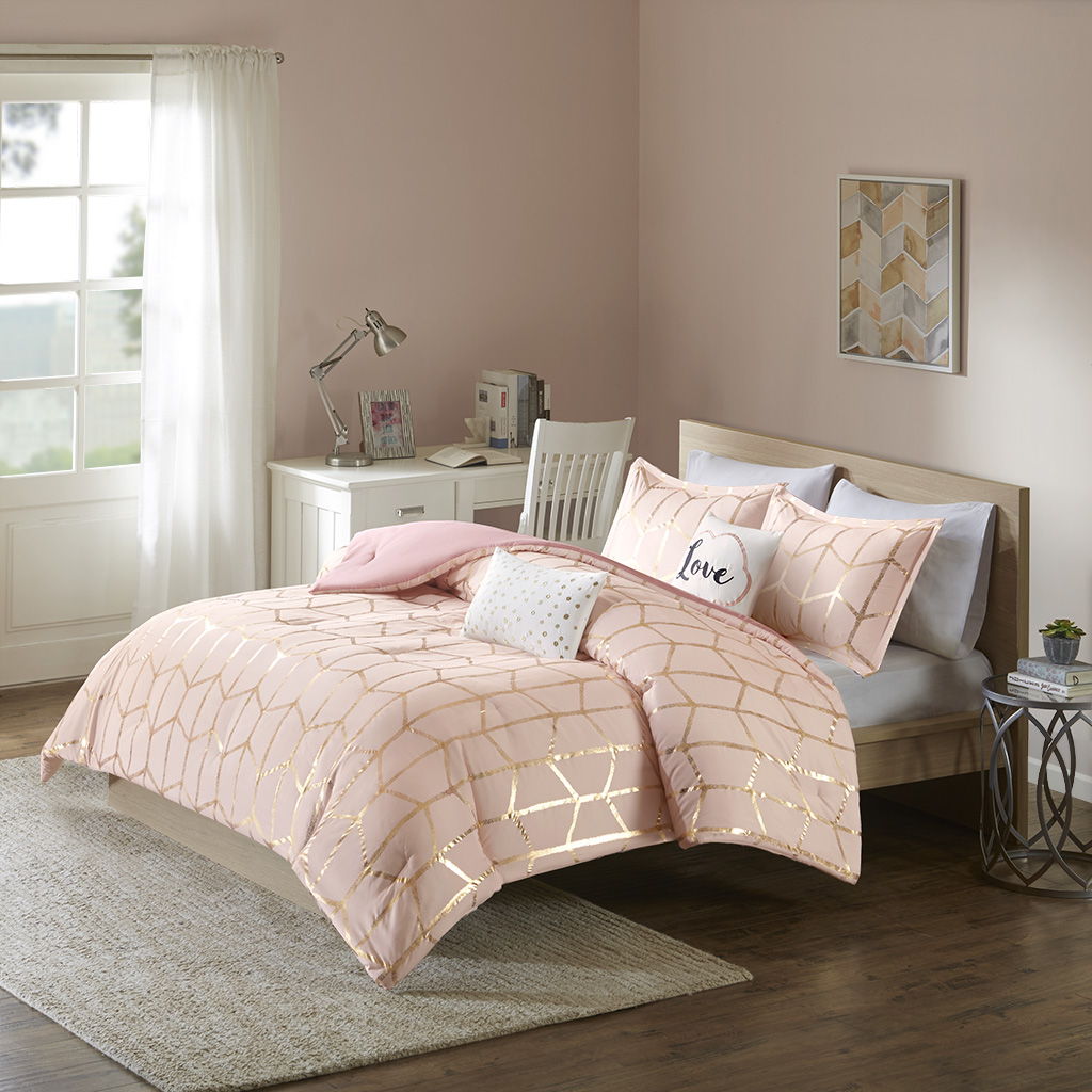 Raina - Metallic Printed Comforter Set - Blush / Gold