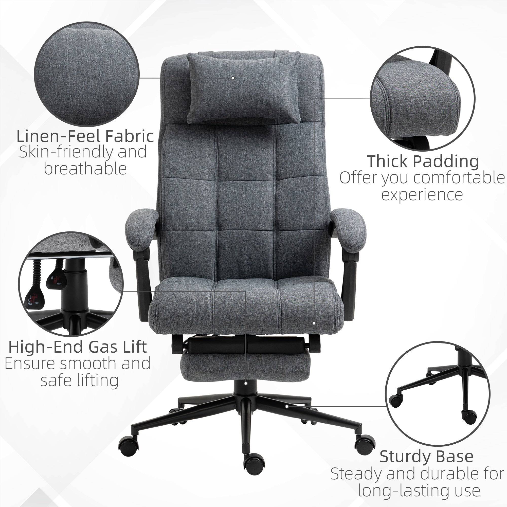 Executive Linen-Feel Fabric Office Chair High Back Swivel Task Chair with Adjustable Height Upholstered Retractable Footrest, Headrest and Padded Armrest, Dark Grey