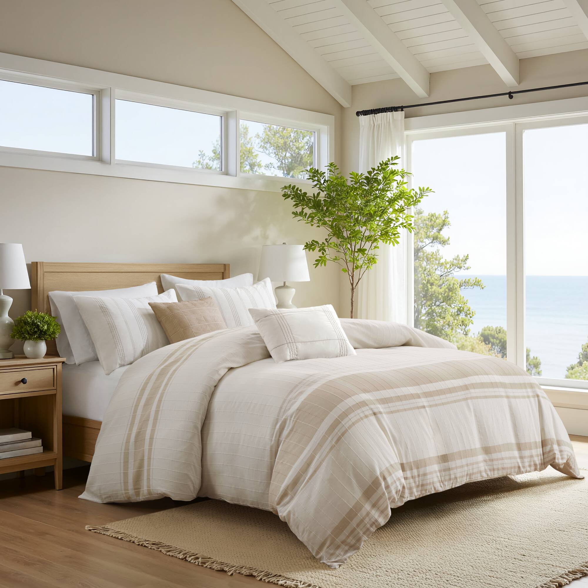 Morgan - 5 Piece Cotton Jaquard Duvet Set - Ivory / Taupe