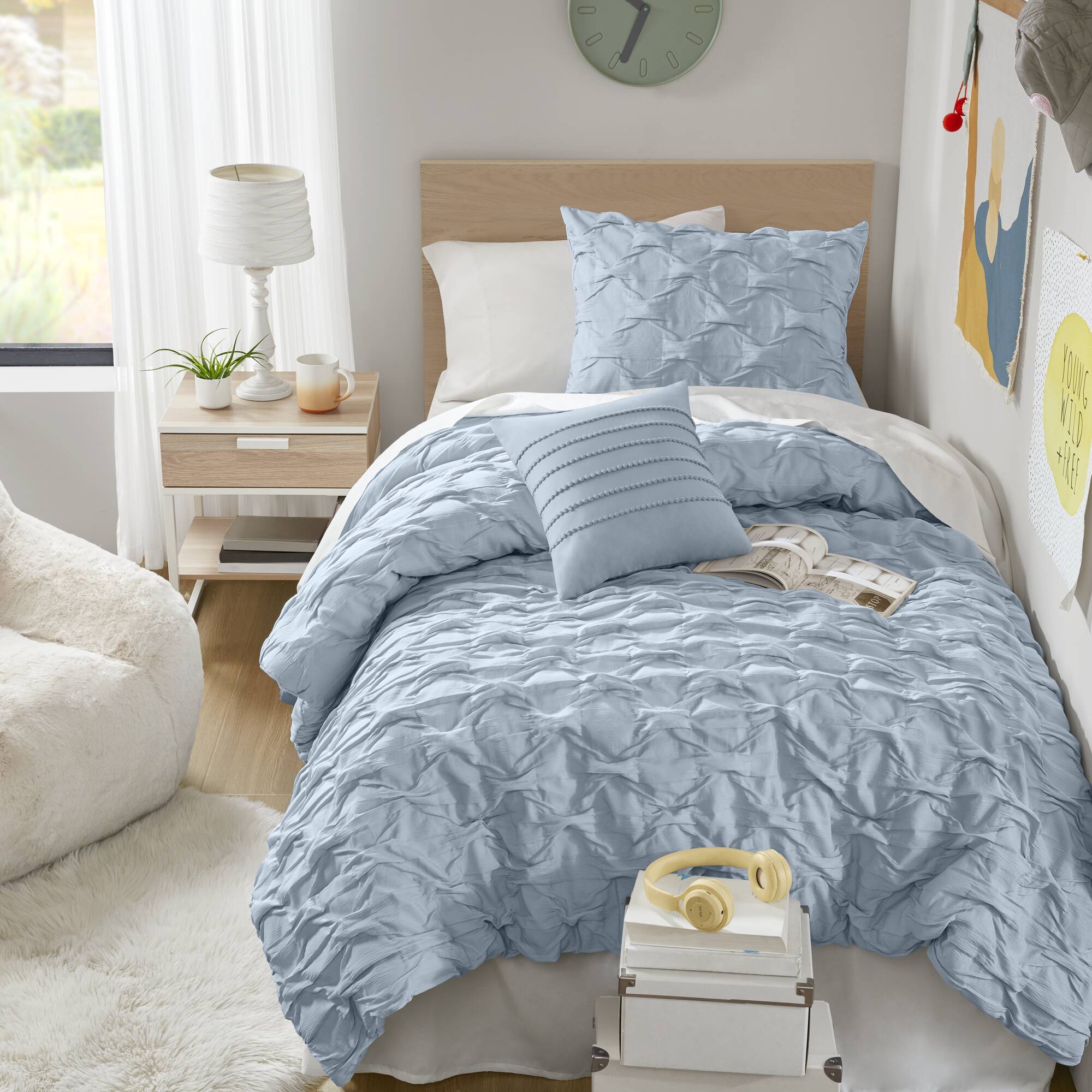 Bailey - Twin/Twin Long Diamond Pucker Comforter Set - Blue