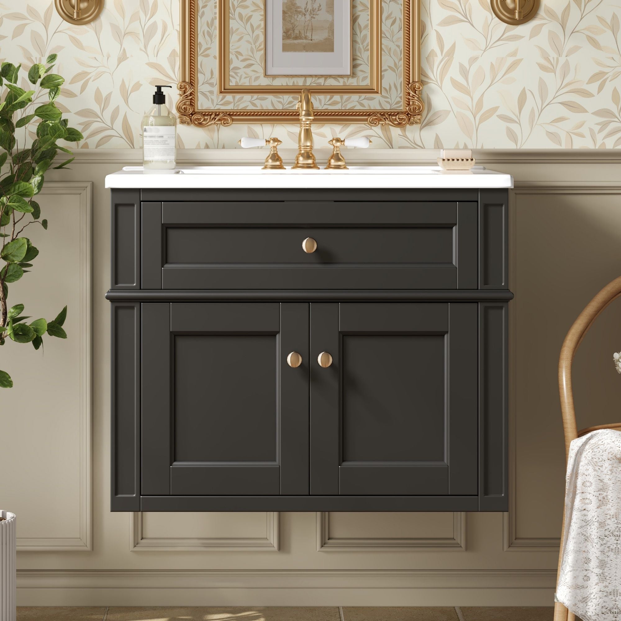 Wall Mounted Bathroom Vanity With Tip Out Drawer And Open Back Design