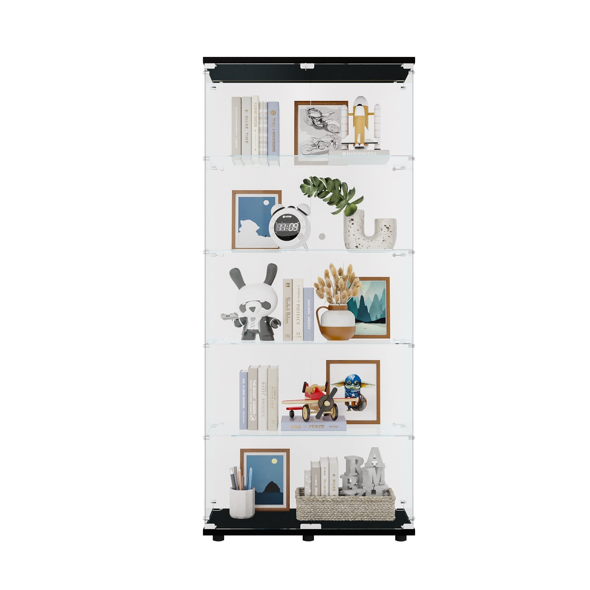 Glass Display Cabinet with 5 Shelves Double Door, Curio Cabinets for Living Room, Bedroom, Office, Black Floor Standing Glass Bookshelf, Quick Installation