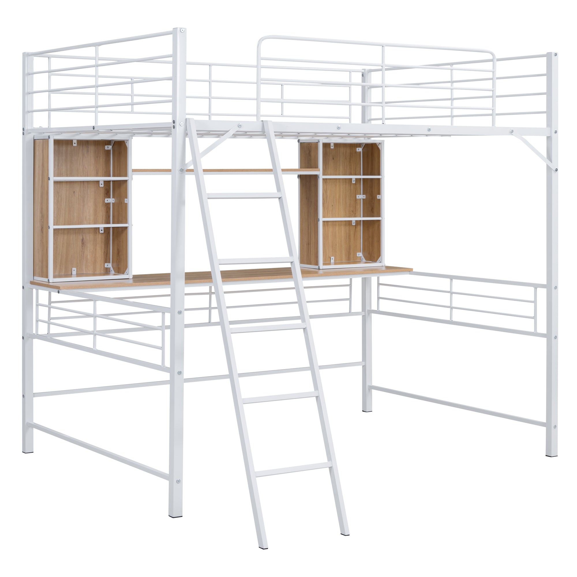 Full Size Loft Bed with Desk and Shelf, Loft Bed with Ladder,Full,White