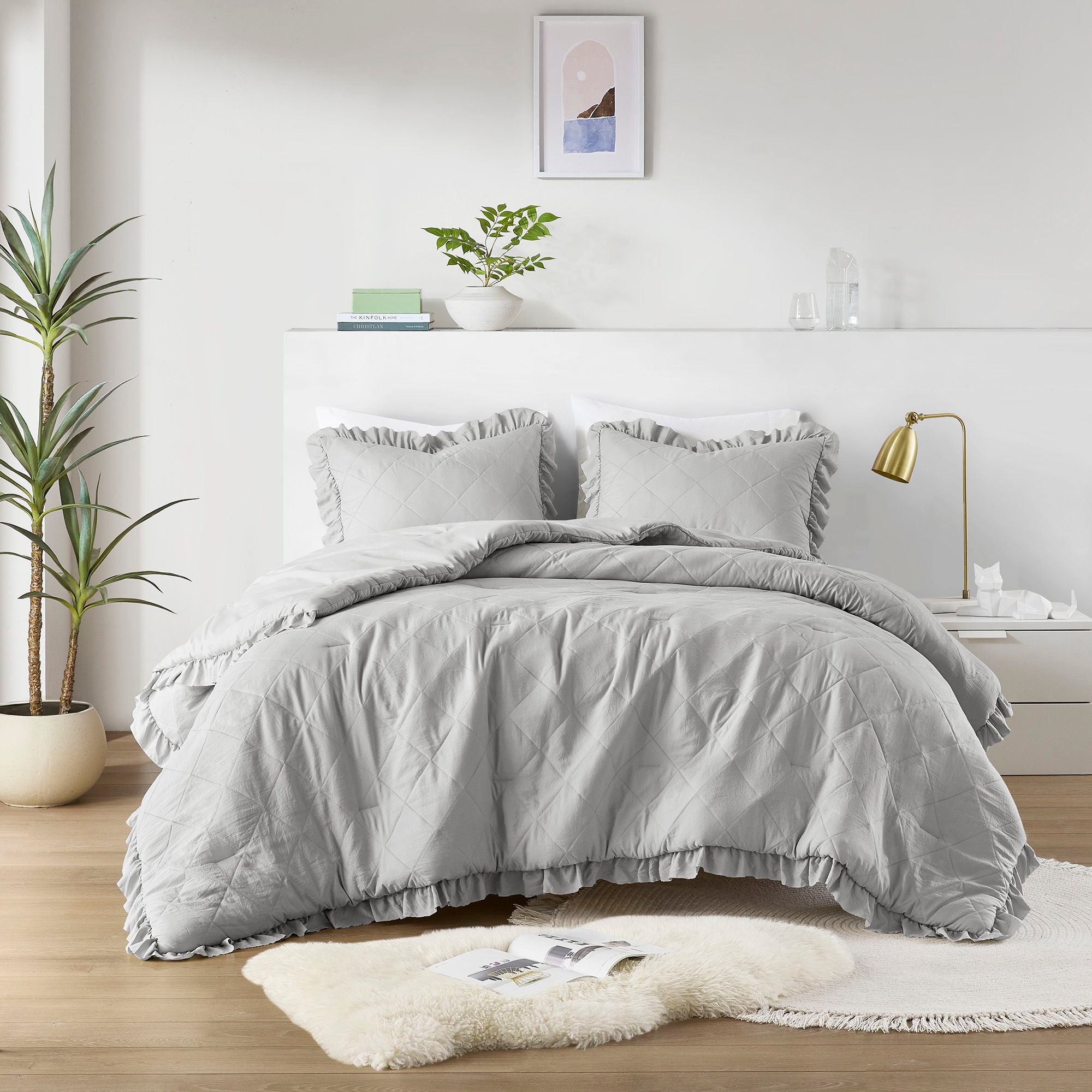 Phoebe - Twin/Twin Long Diamond Quilted Ruffle Edge Comforter Set - Gray