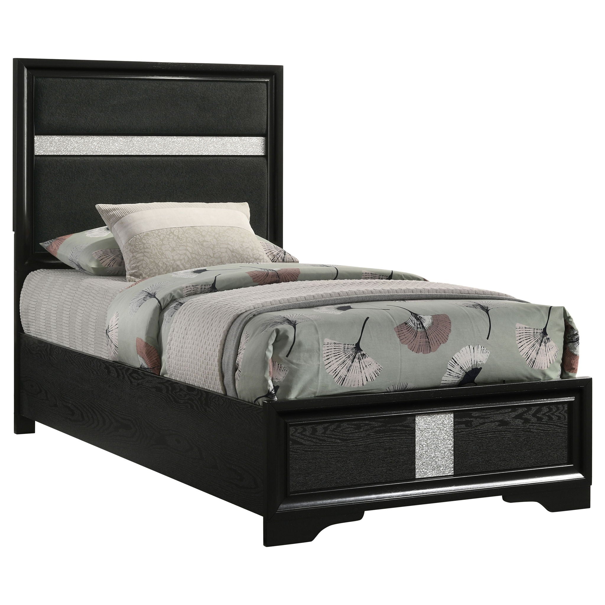 Panel Bed With Padded Headboard And Glittering Accent Stripes