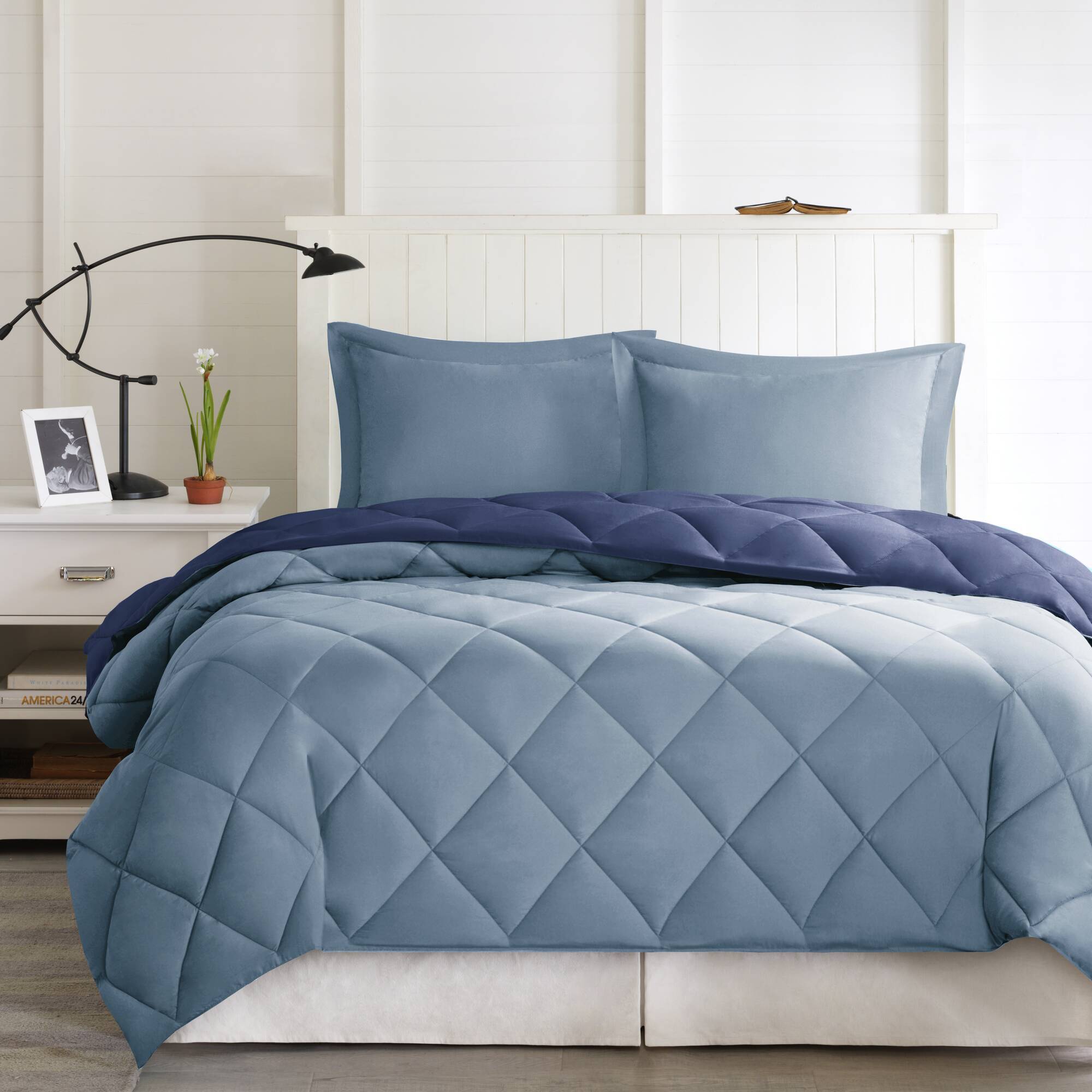 Larkspur - King 3M Scotchgard Diamond Quilting Reversible Down Alternative Comforter Set - Navy / Light Blue