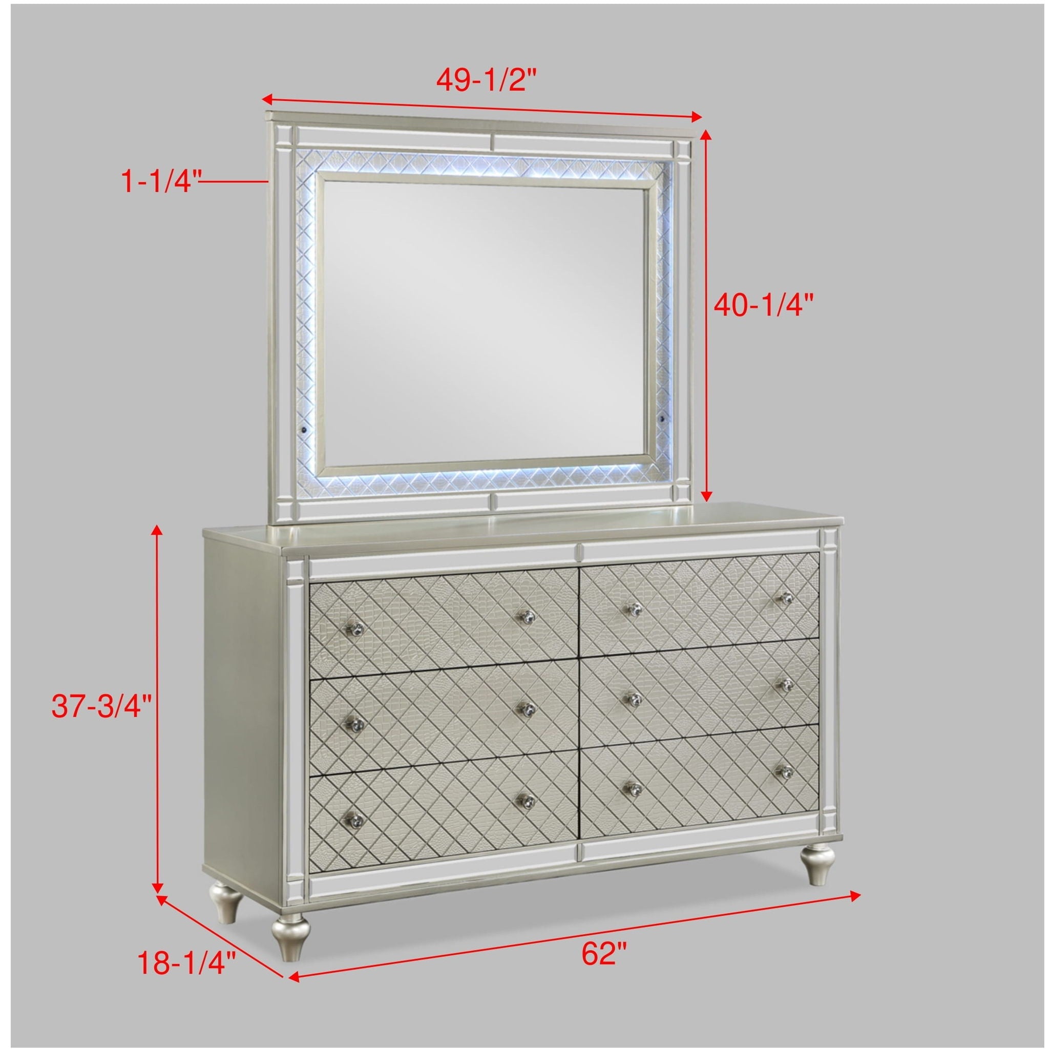 6 Drawer Bedroom Dresser With Diamond Patterned Drawer Fronts - Silver