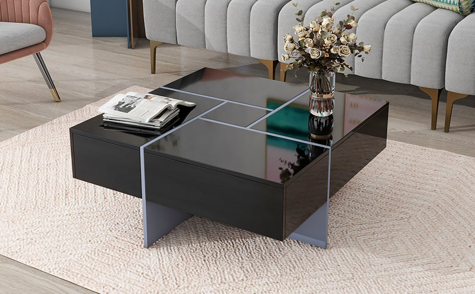 Unique Design Coffee Table with 4 Hidden Storage Compartments, Square Cocktail Table with Extendable Sliding Tabletop, UV High-gloss Design Center Table for Living Room, 31.5"x 31.5"