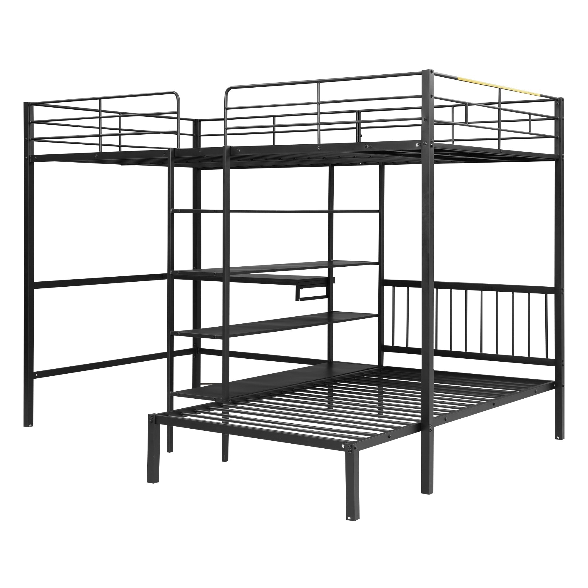 Full Over Twin Metal Bunk Bed with Built-in Desk, Shelves and Ladder, Black