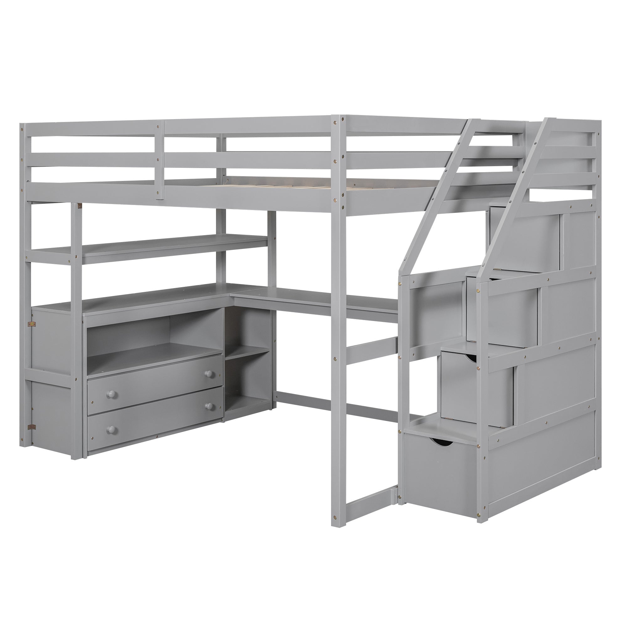 Full Size Loft Bed with Desk and Shelves, Two Built-in Drawers, Storage Staircase, Gray