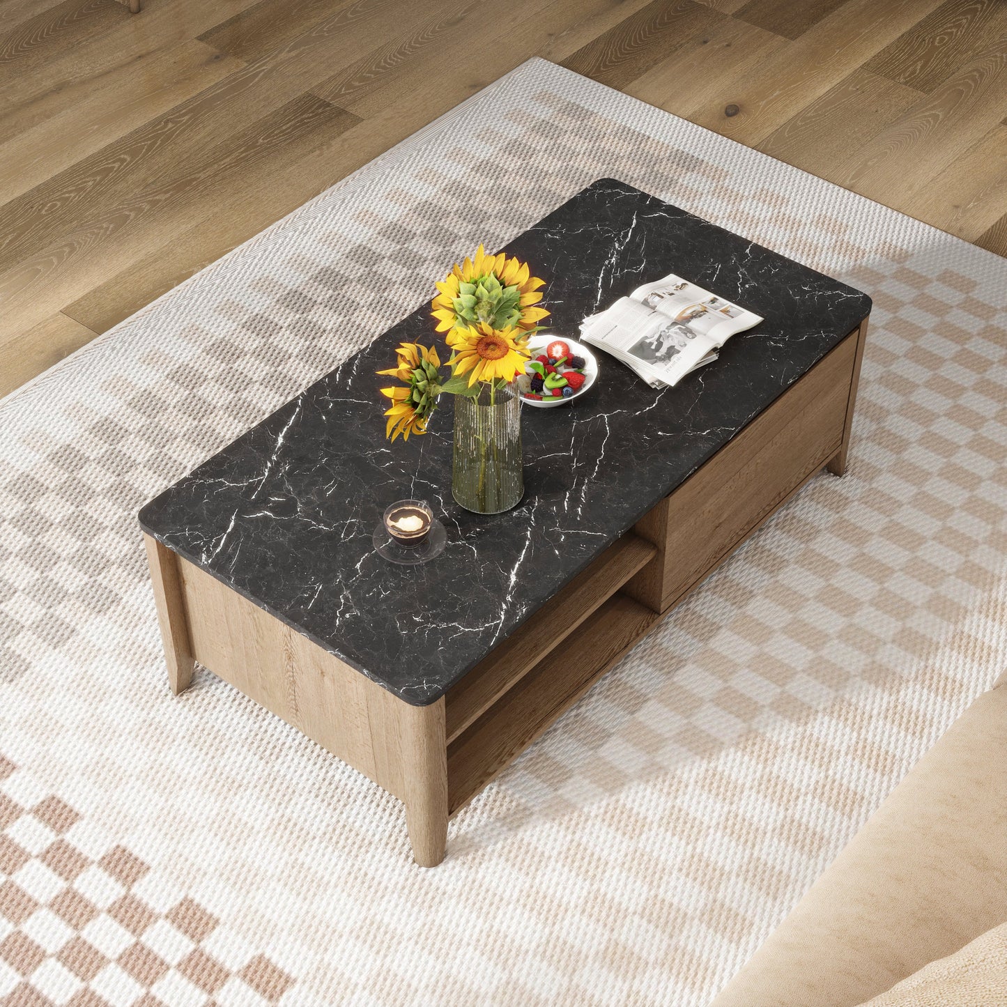 47 Inch Modern Farmhouse Double Drawer Coffee Table for Living Room or Office , Tobacco Wood and Marble Texture