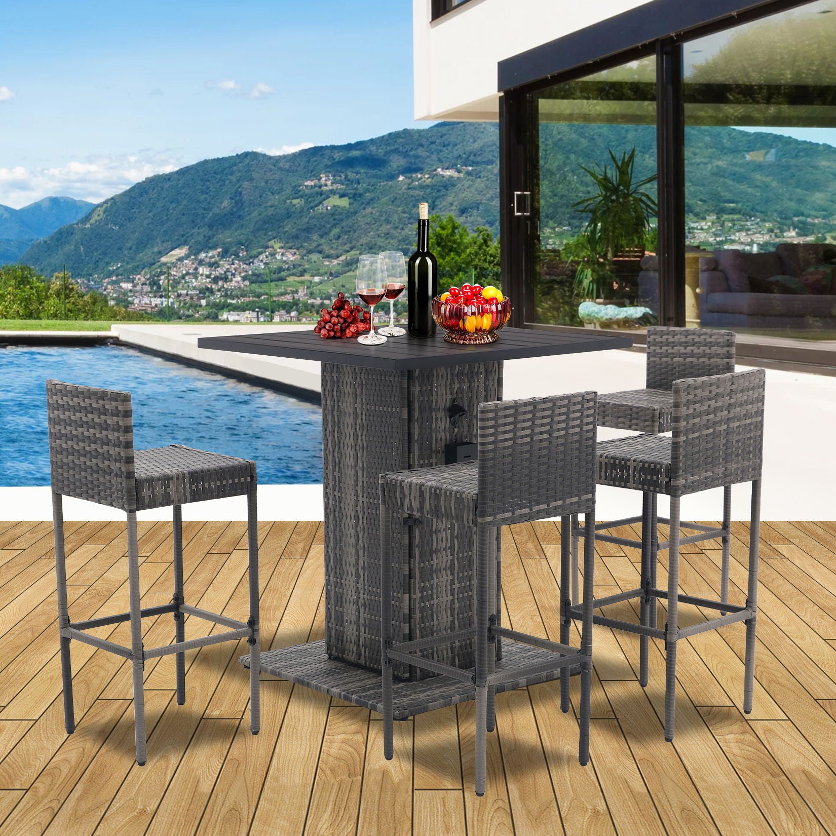 5 Piece Outdoor Conversation Bar Set, All Weather Patio Furniture With Metal Tabletop And Stools