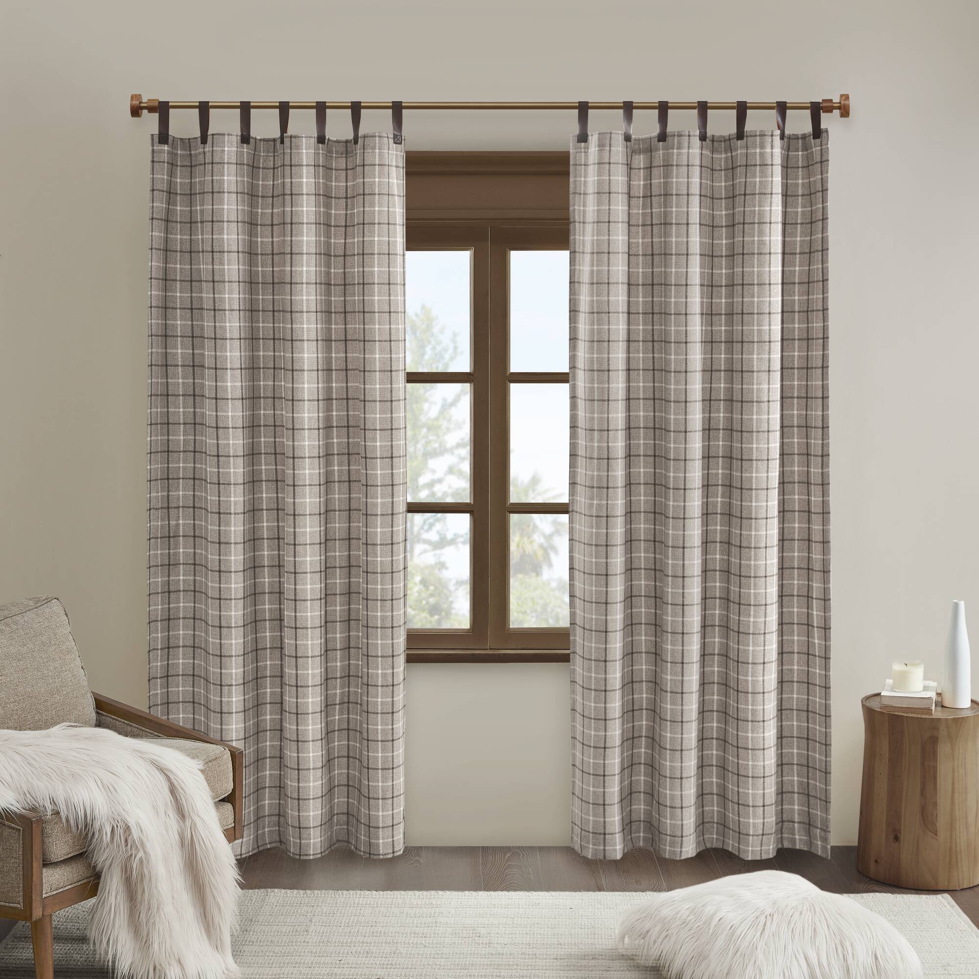 Anaheim - 50"x 95" Plaid Faux Leather Tab Top Curtain Panel With Fleece Lining - Brown