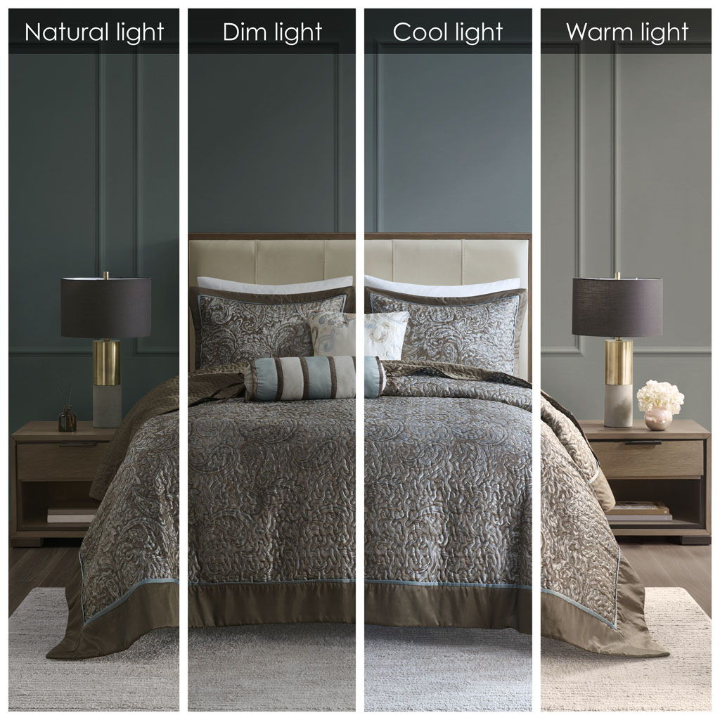 Aubrey - King 5 Piece Reversible Bedspread Set - Blue / Brown