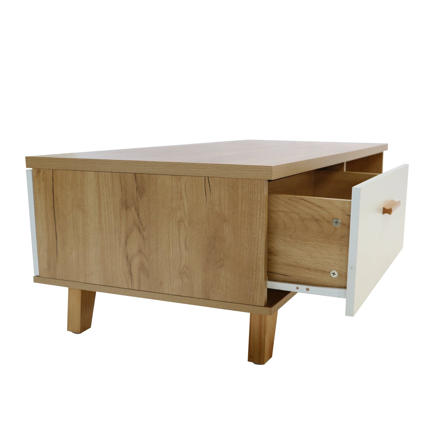 COFFEE TABLE computer table, wood+white color, solid wood handles and legs, two drawers