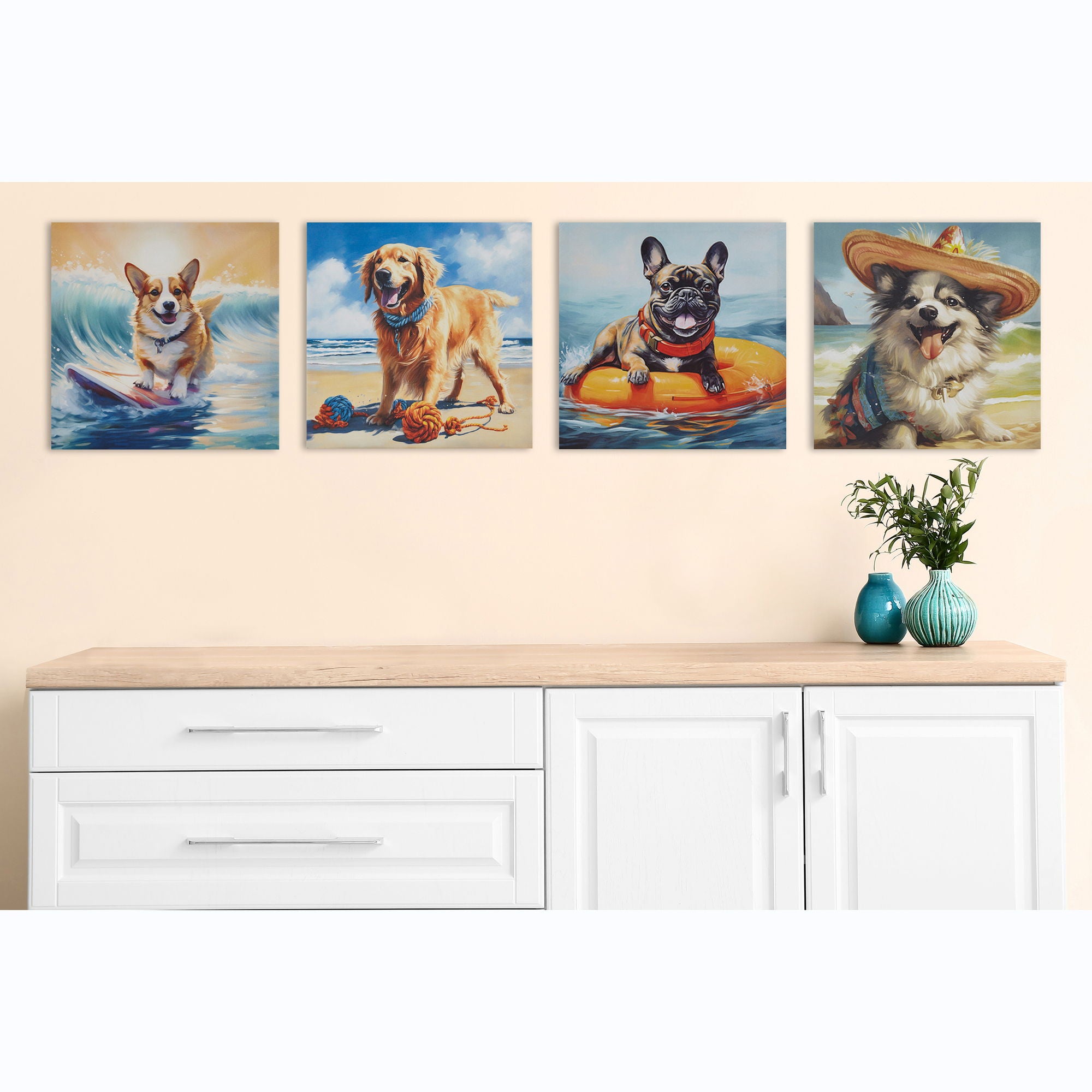 Beach Dogs - Chihuahua Canvas Wall Art - Blue Multi