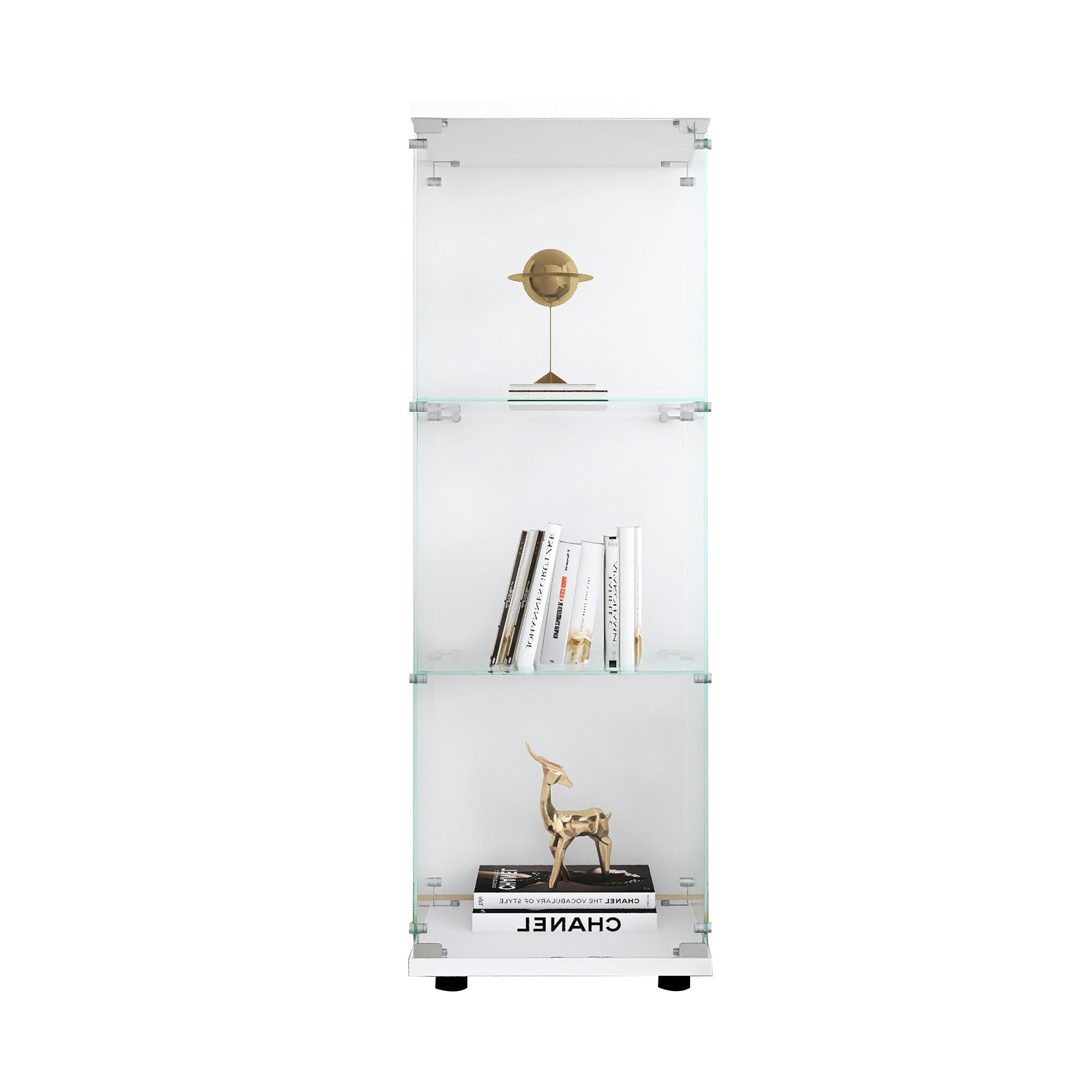 Glass Display Cabinet with 3 Shelves, One-Door Curio Cabinets for Living Room, Bedroom, Office, White Floor Standing Glass Bookshelf, Quick Installation