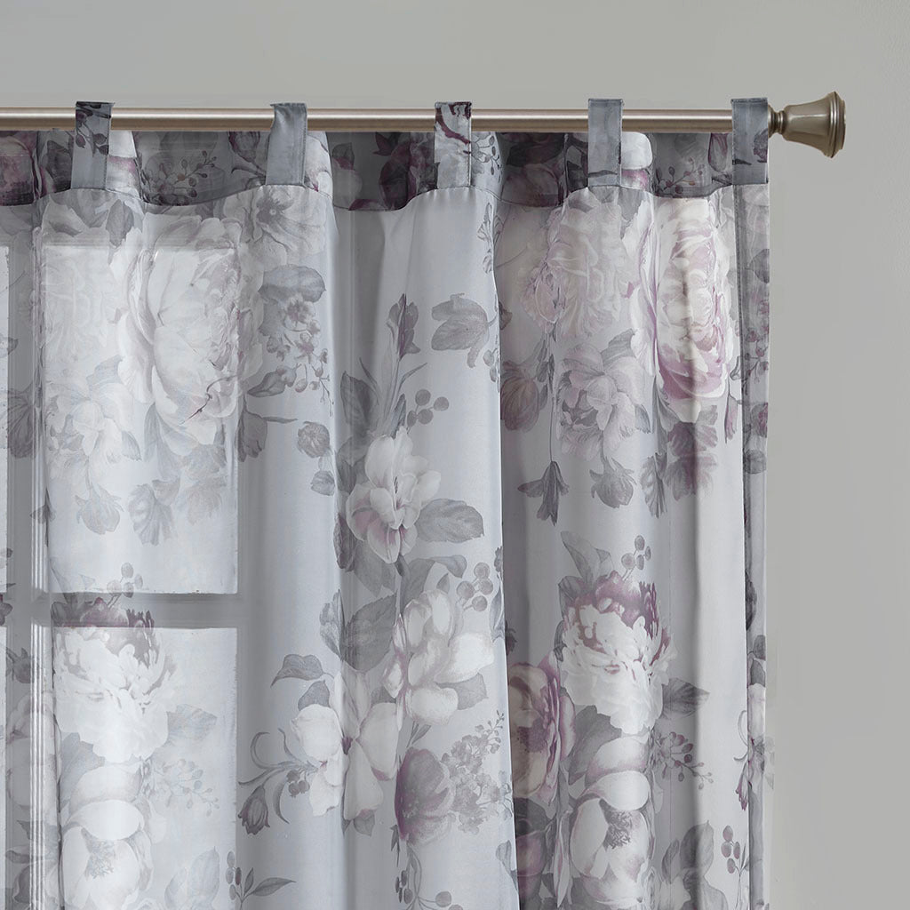 Printed Floral Rod Pocket and Back Tab Voile Sheer Curtain