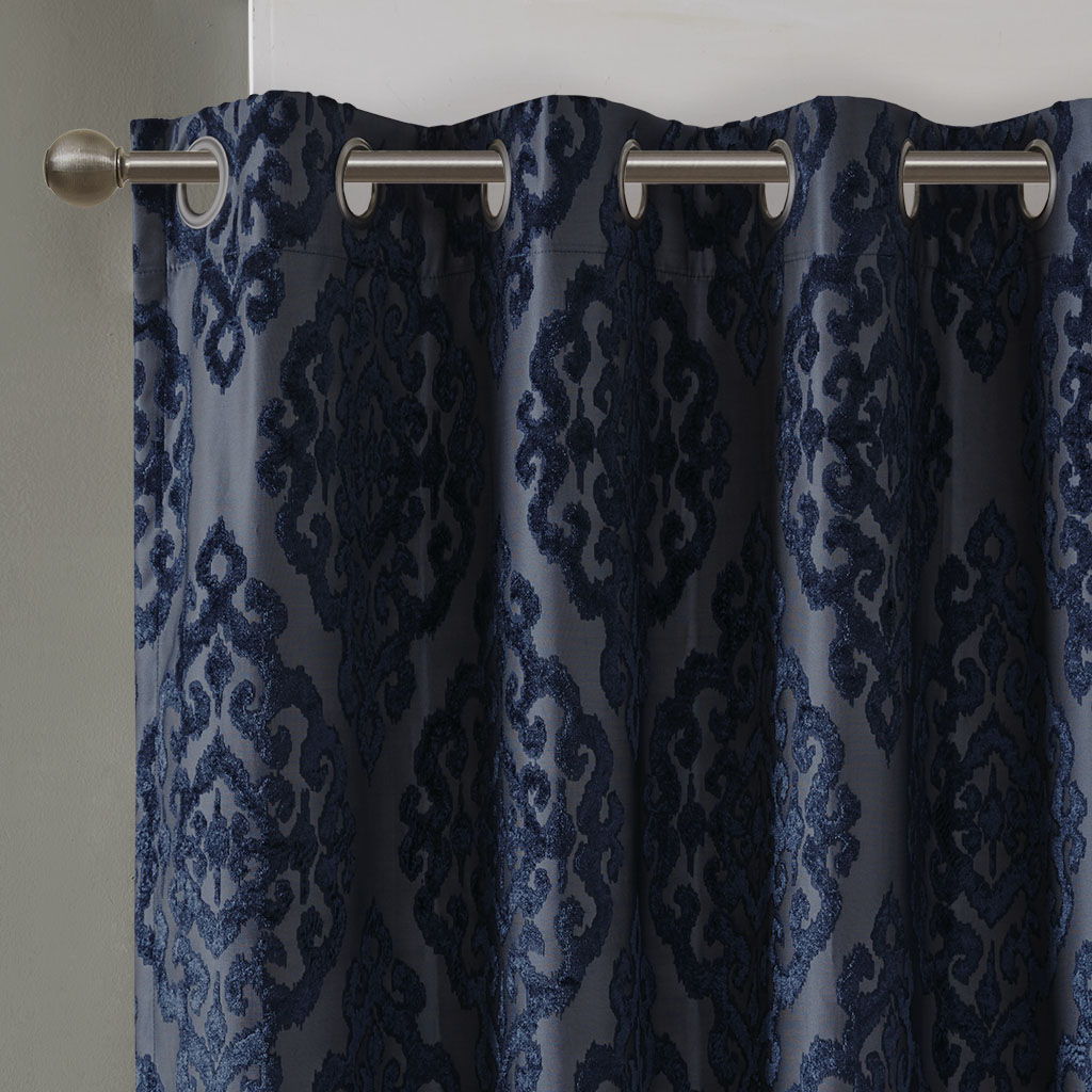 Mirage - 84" Knitted Damask Total Blackout Grommet Top Curtain Panel - Navy