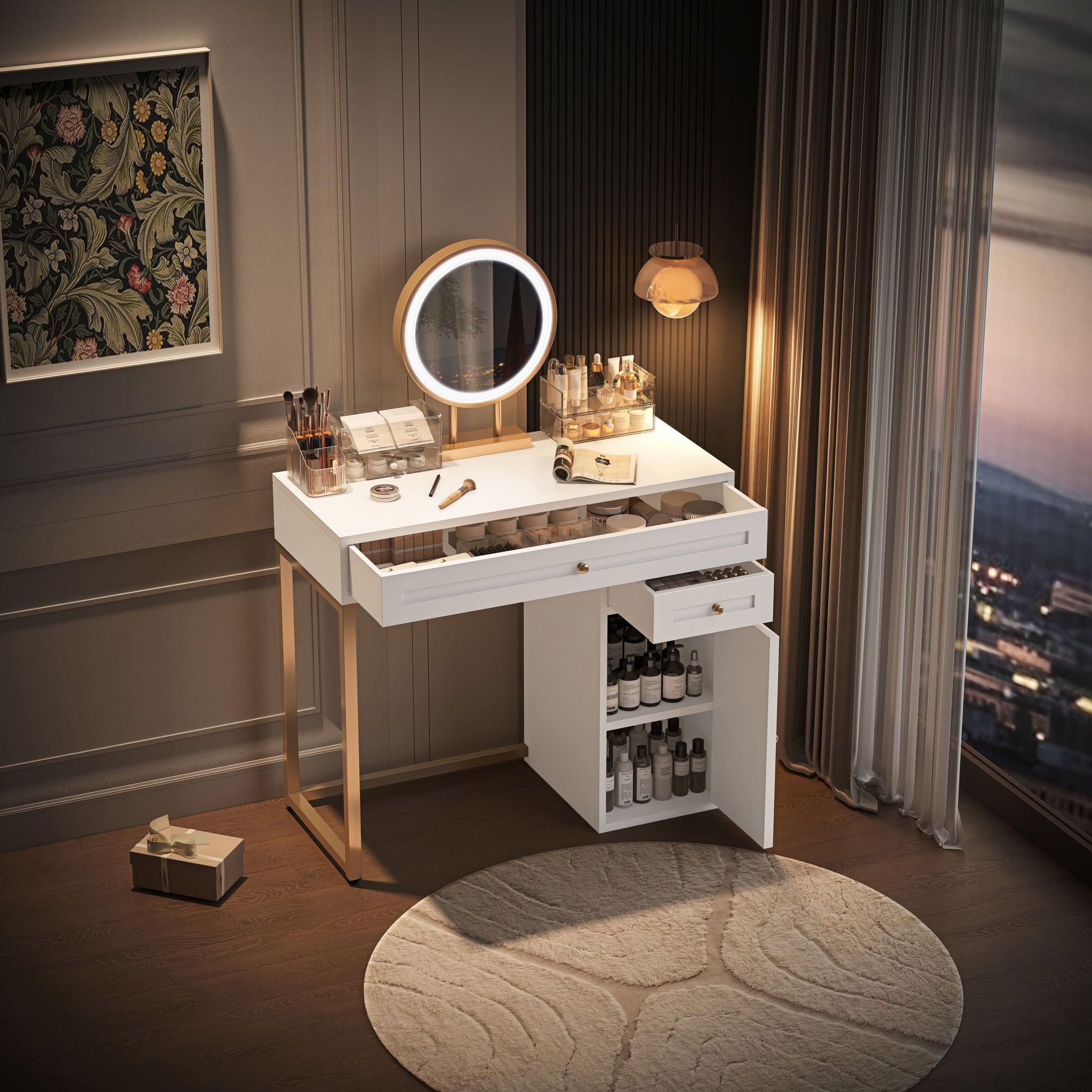 Makeup Vanity Desk With Lighted Mirror, Luxury Dressing Table With 2 Drawers And 1 Cabinet, 3 Lighting Modes Available For Bedroom - White / Gold