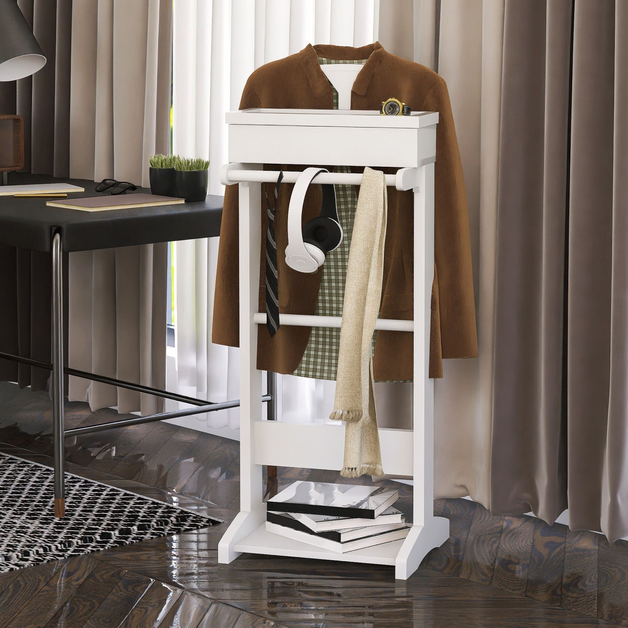 Portable Garment Rack, Clothes Valet Stand With Storage Organizer