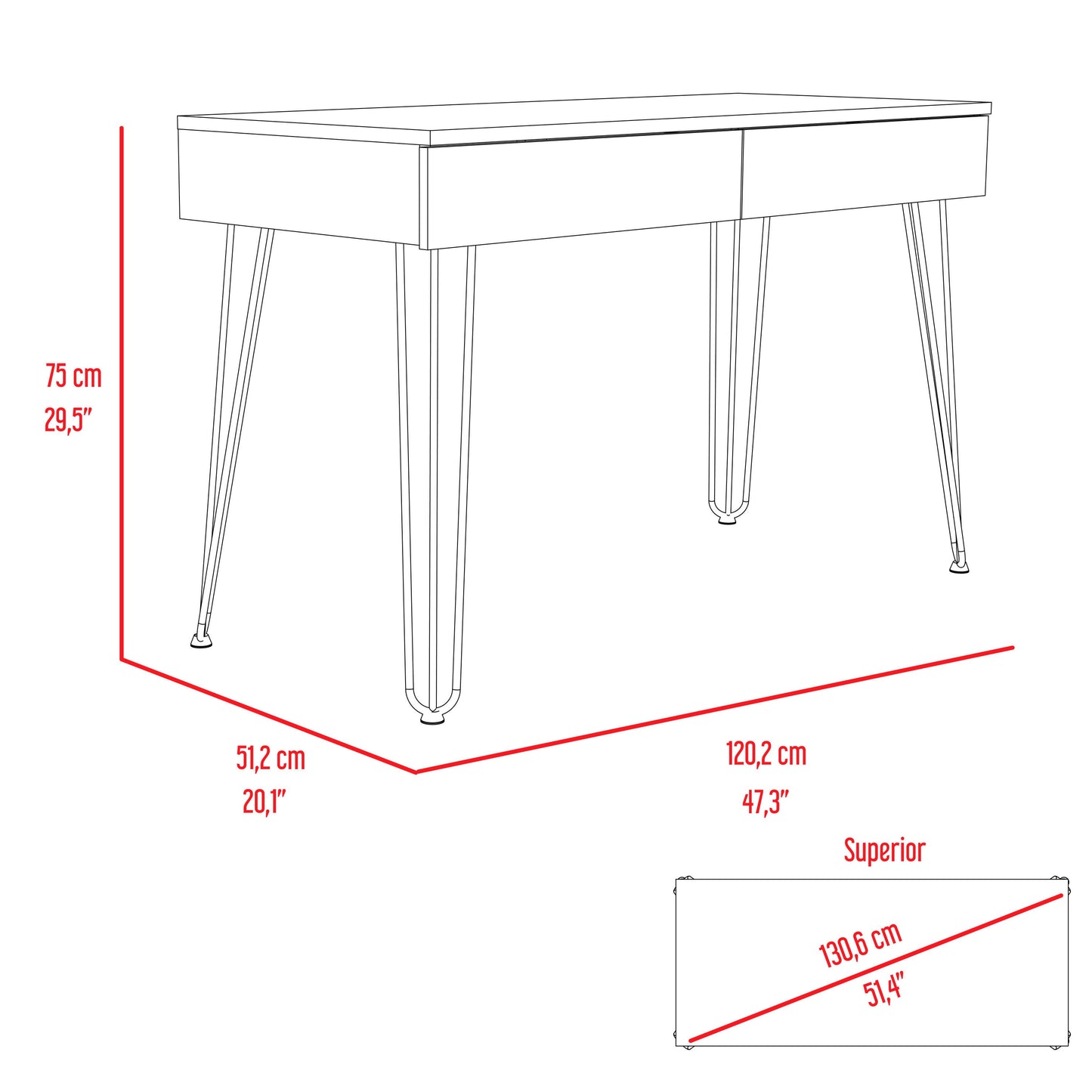 Mumbai 2 Drawers Computer Desk with Hairpin Legs -Black