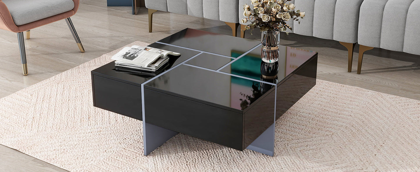 Unique Design Coffee Table with 4 Hidden Storage Compartments, Square Cocktail Table with Extendable Sliding Tabletop, UV High-gloss Design Center Table for Living Room, 31.5"x 31.5"