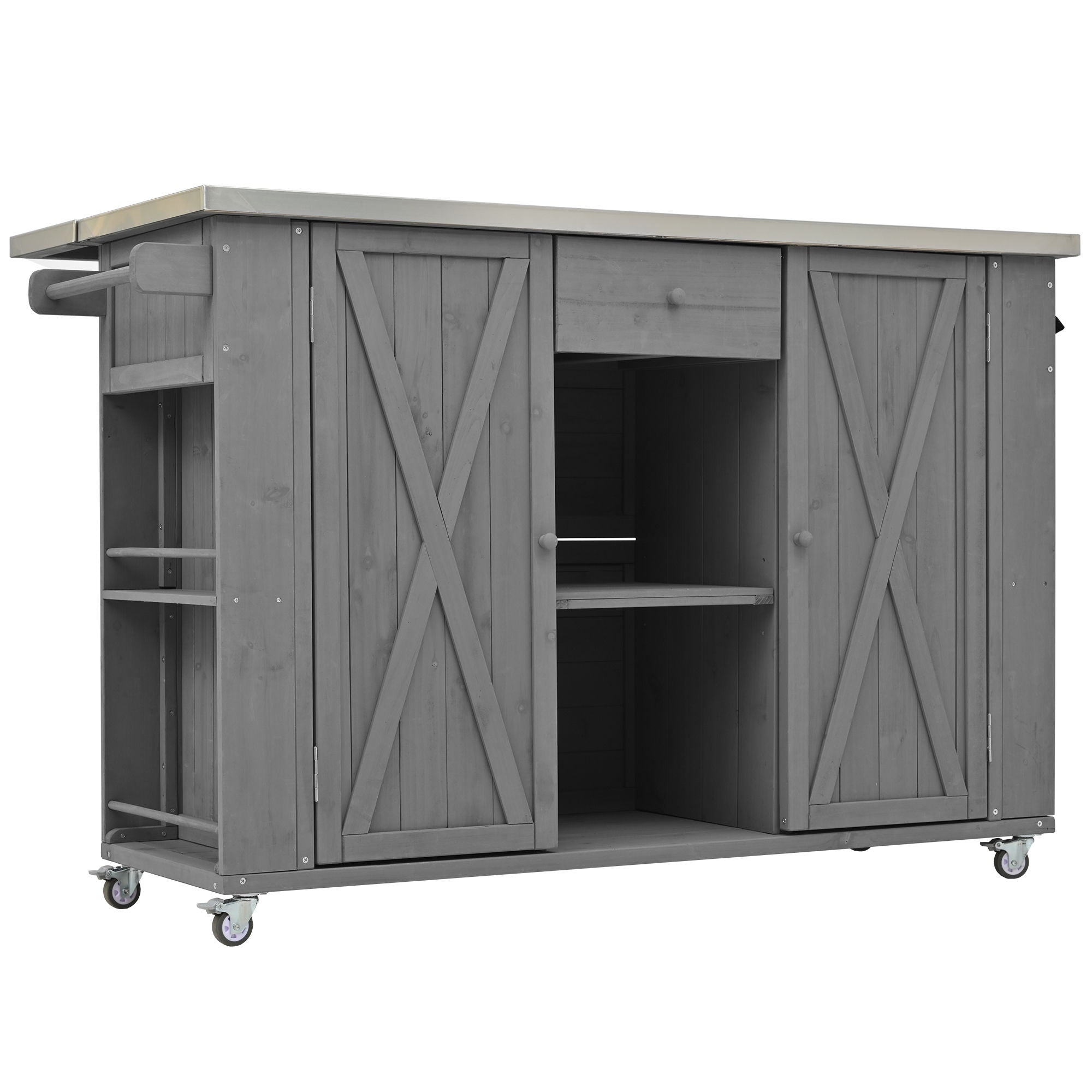 Outdoor Kitchen Island With Stainless Steel Top, Ample Storage Space, Towel And Spice Racks And A Bottle Opener