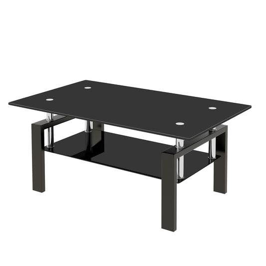 Black Tempered Glass Coffee Table, 2 Layer Storage Tea Table